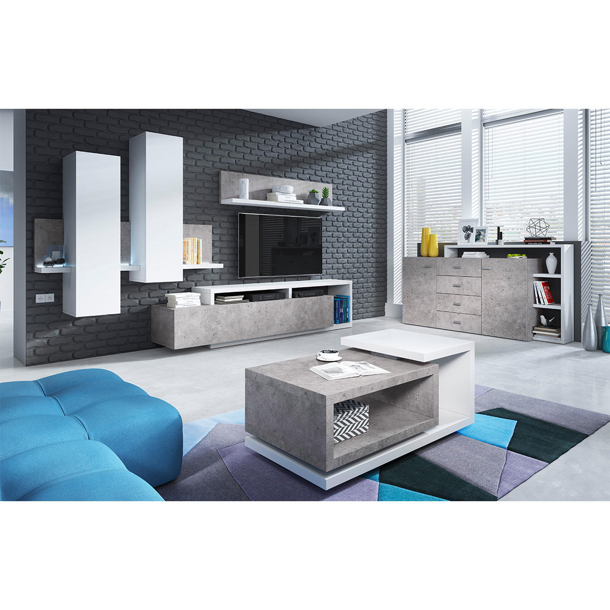 COUCHTISCH Ilyes Weiß und Beton - Weiß, Holzwerkstoff (40/120/60cm) - Petits-meubles