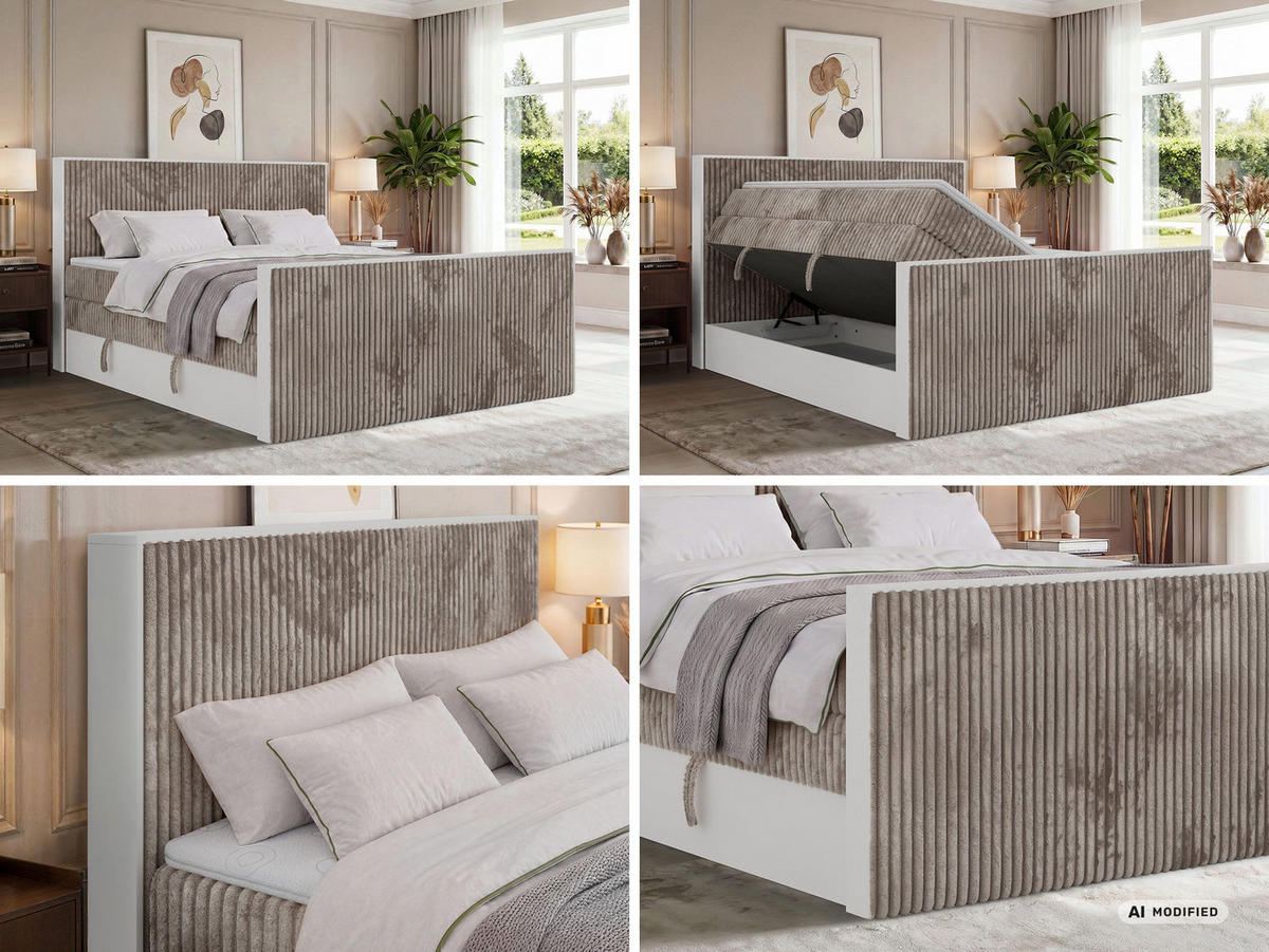 BOXSPRINGBETT TRAVIT KING DUO 160/200 - Hellbraun Cord - Topper T25 - H4 - Hellbraun/Schwarz, Kunststoff/Textil (160/200cm) - MKS