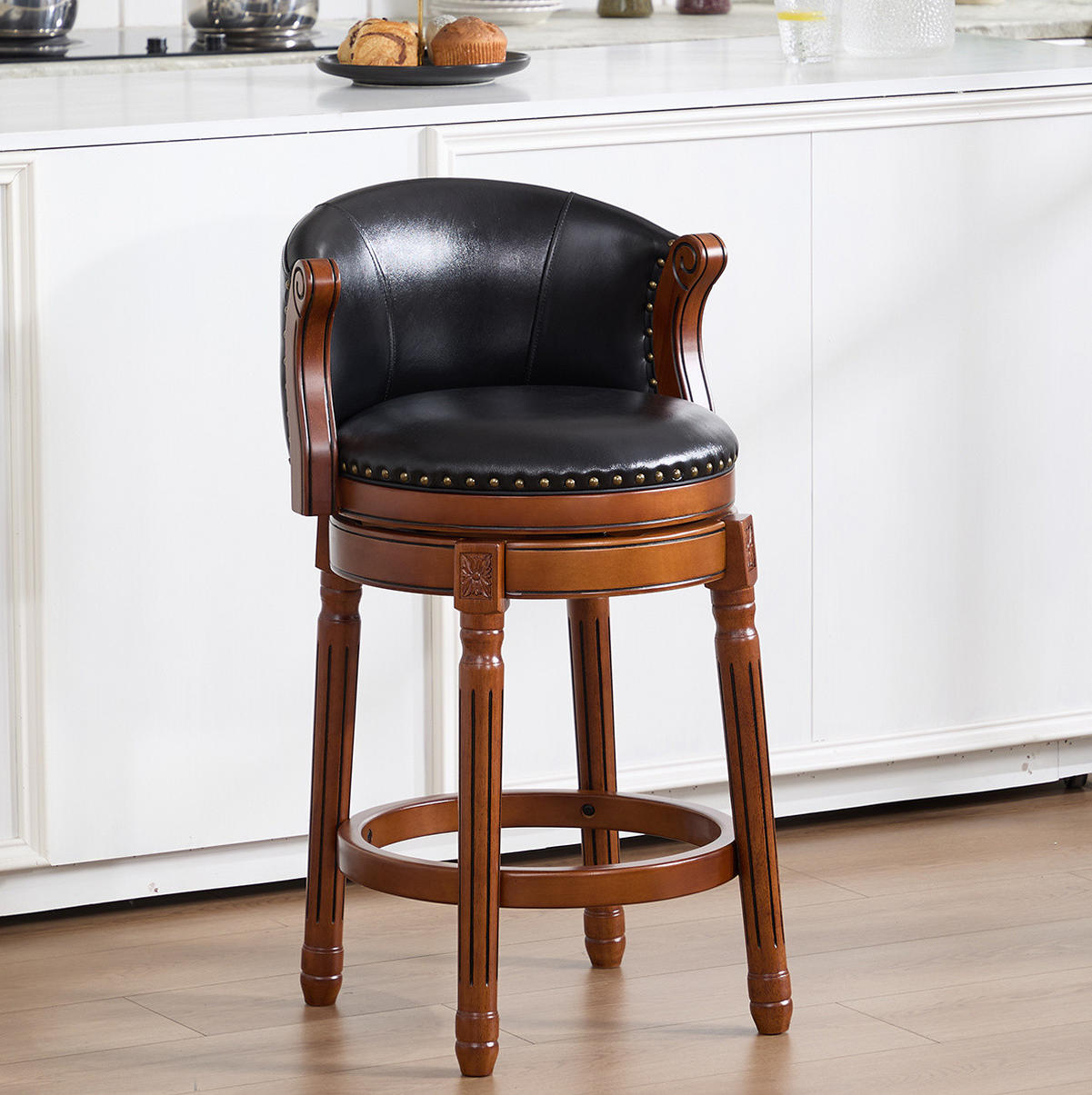 BARHOCKER drehbar Sitzhöhe ca. 66 cm Leder Holz Schwarz - Schwarz, Holz (54.8/96/54.81cm) - Meubliv