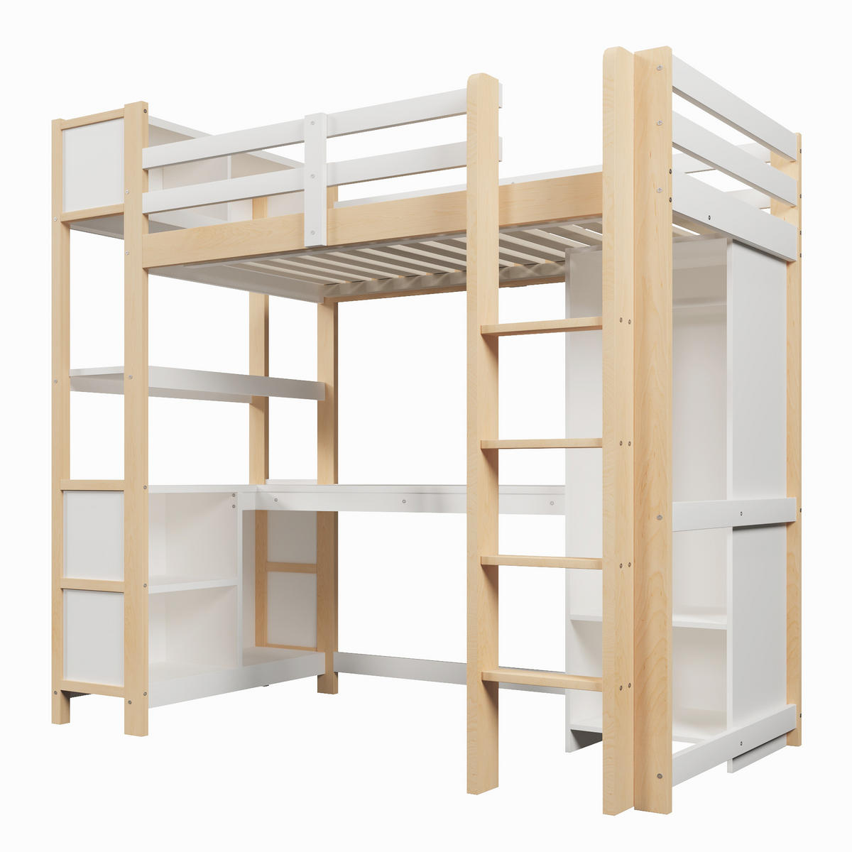 HOCHBETT 90/200 cm in Weiß/Natur mit Schreibtisch, Regalen und Kleiderschrank aus Kiefer - Naturfarben, Holz/Holzwerkstoff (90/200cm) - CHICFURN
