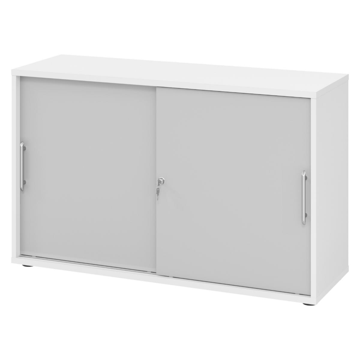 SCHIEBETÜRENSCHRANK - 2 Ordnerhöhen 40/120/74,8 cm in Weiß/Grau Relinggriff (Kunststoff) - Weiß/Grau, Holzwerkstoff (120/74.8/40cm) - bümö