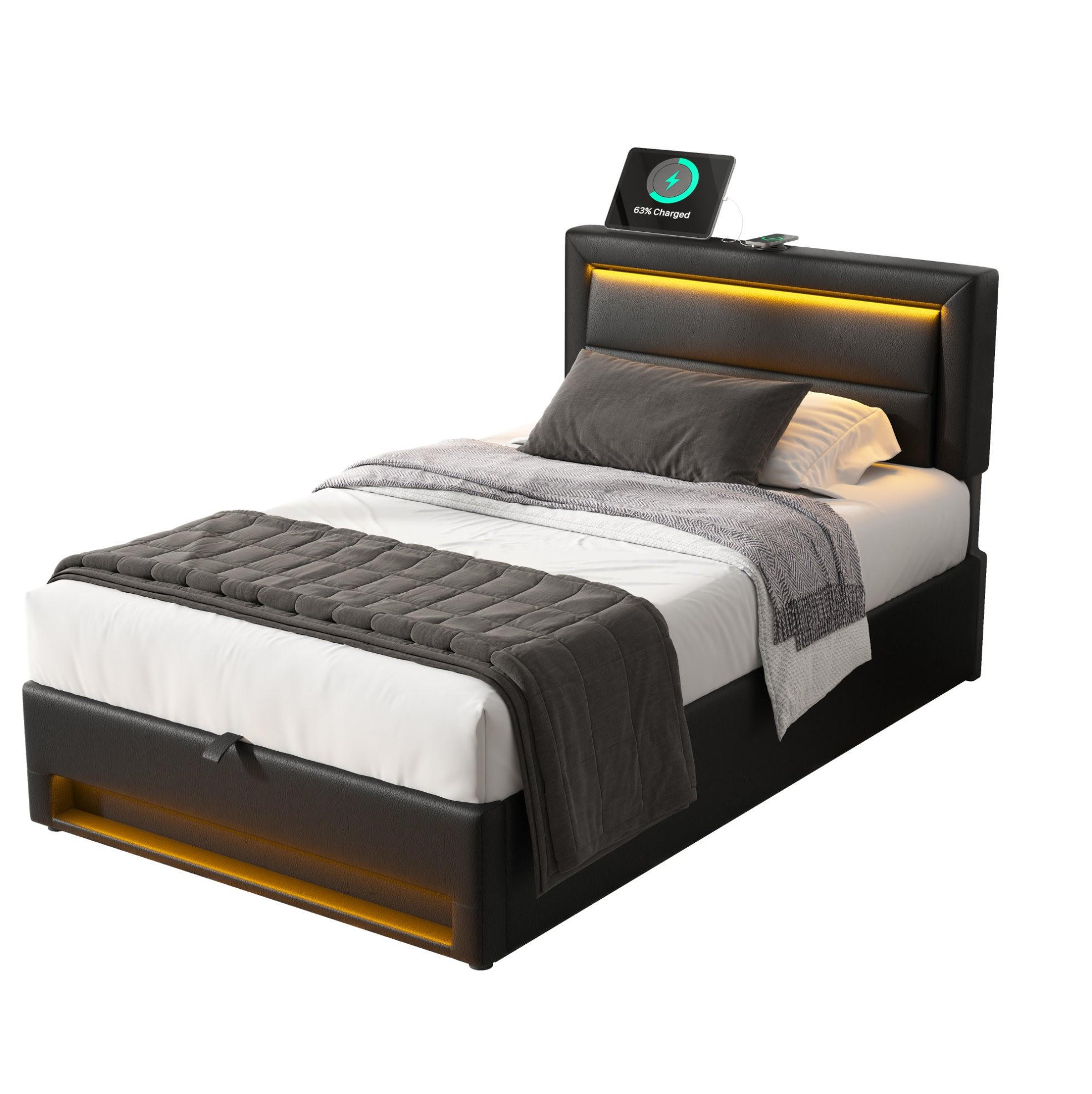 POLSTERBETT 90/190 cm aus PU mit USB-Ladefunktion LED und Stauraum Schwarz - Schwarz, Kunststoff (90/190cm) - Modenvie