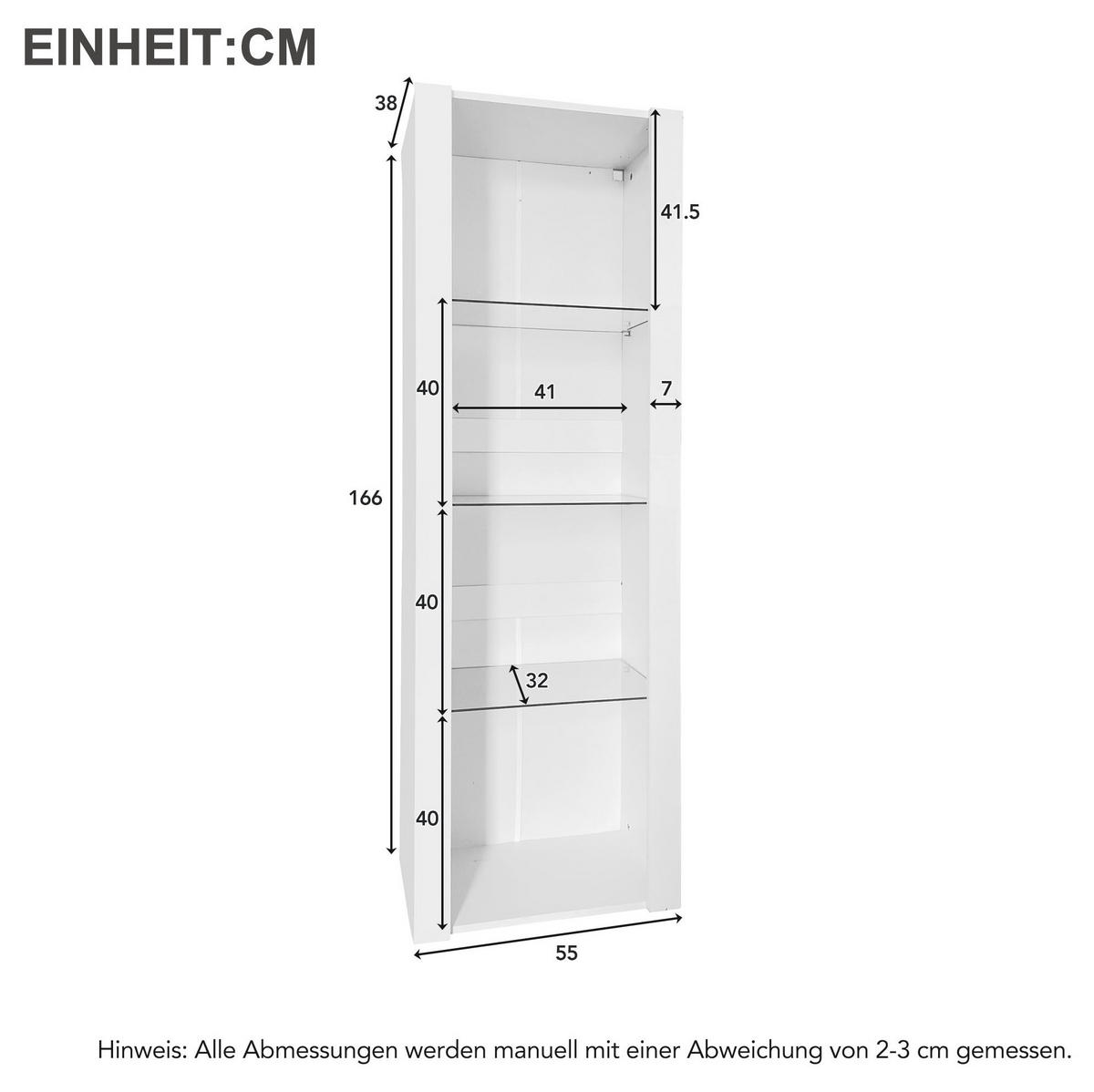 VITRINE 55/38/166 cm in Weiß Hochglanz mit LED-Beleuchtung und 3 Glasböden - Weiß, Holzwerkstoff (55/166/38cm) - Flora Grace