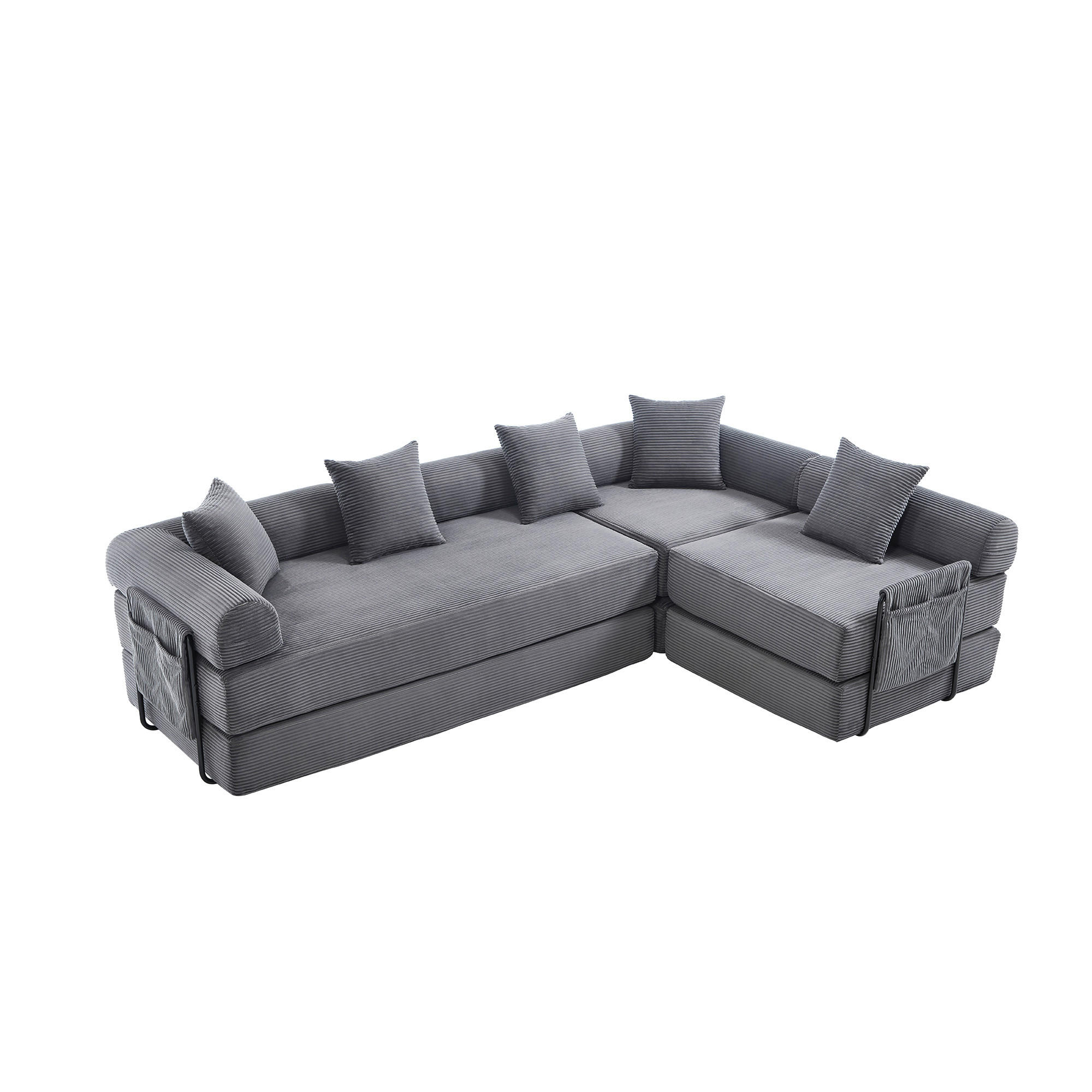 ECKSOFA Cord Dunkelgrau mit Stauraum und Schlaffunktion - Dunkelgrau, Textil/Metall (270/180cm) - WISHDOR