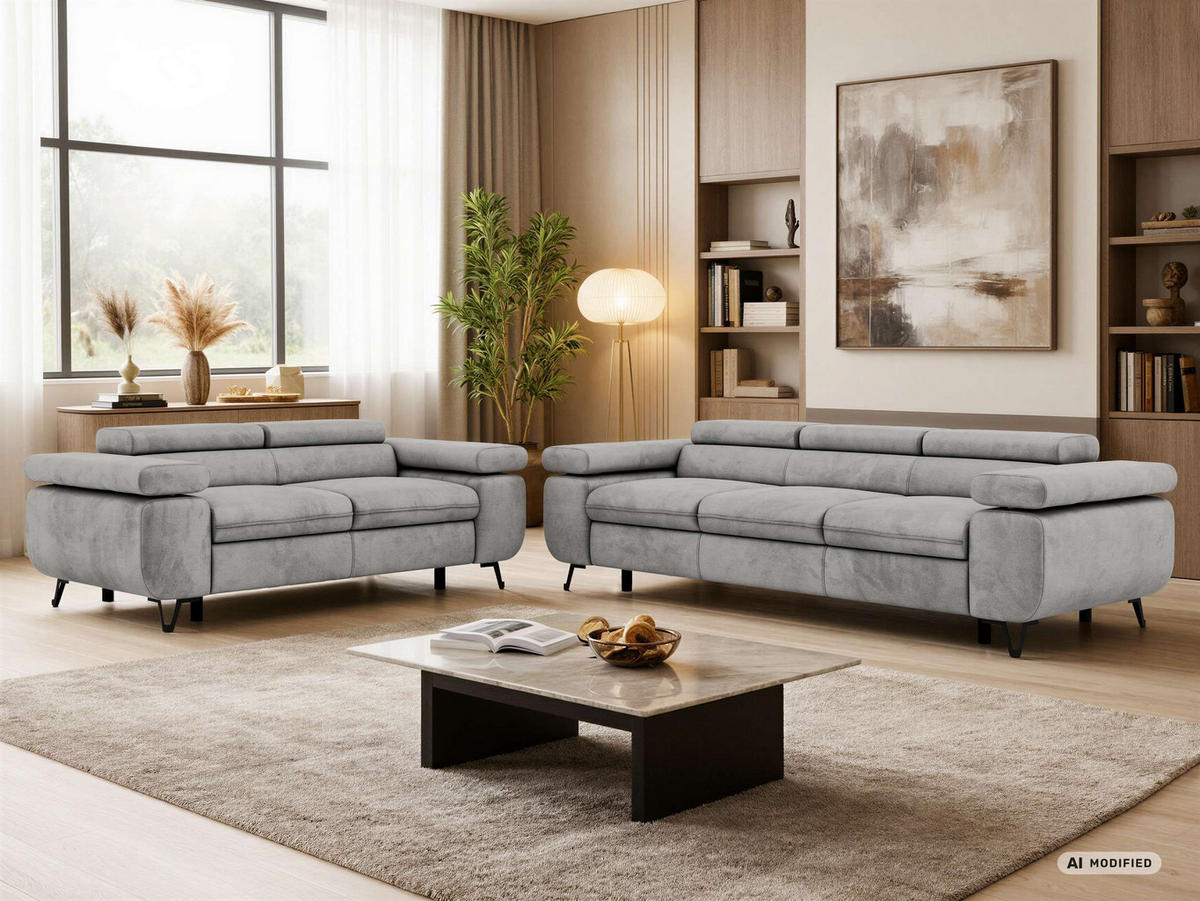SEDACÍ SOUPRAVA PETER 2+3 - Světle šedá Samet - černá/stříbrná, kov/textil (262/76/99cm) - MKS