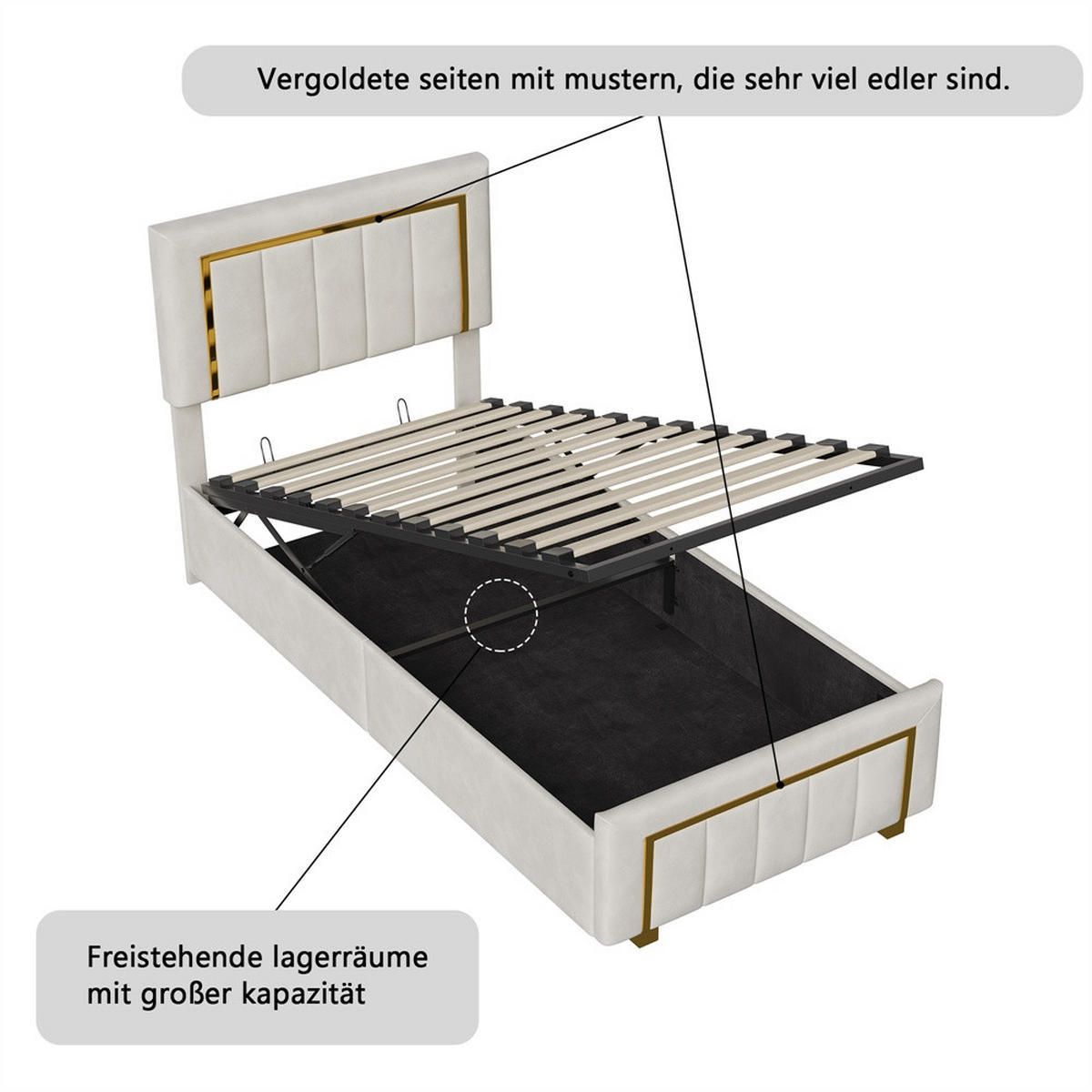 POLSTERBETT 90x200 cm mit hydraulischem Stauraum und Steppmuster im Glamour-Stil - ohne Matratze - Off-White - Creme, Textil (90/200cm) - DELFA