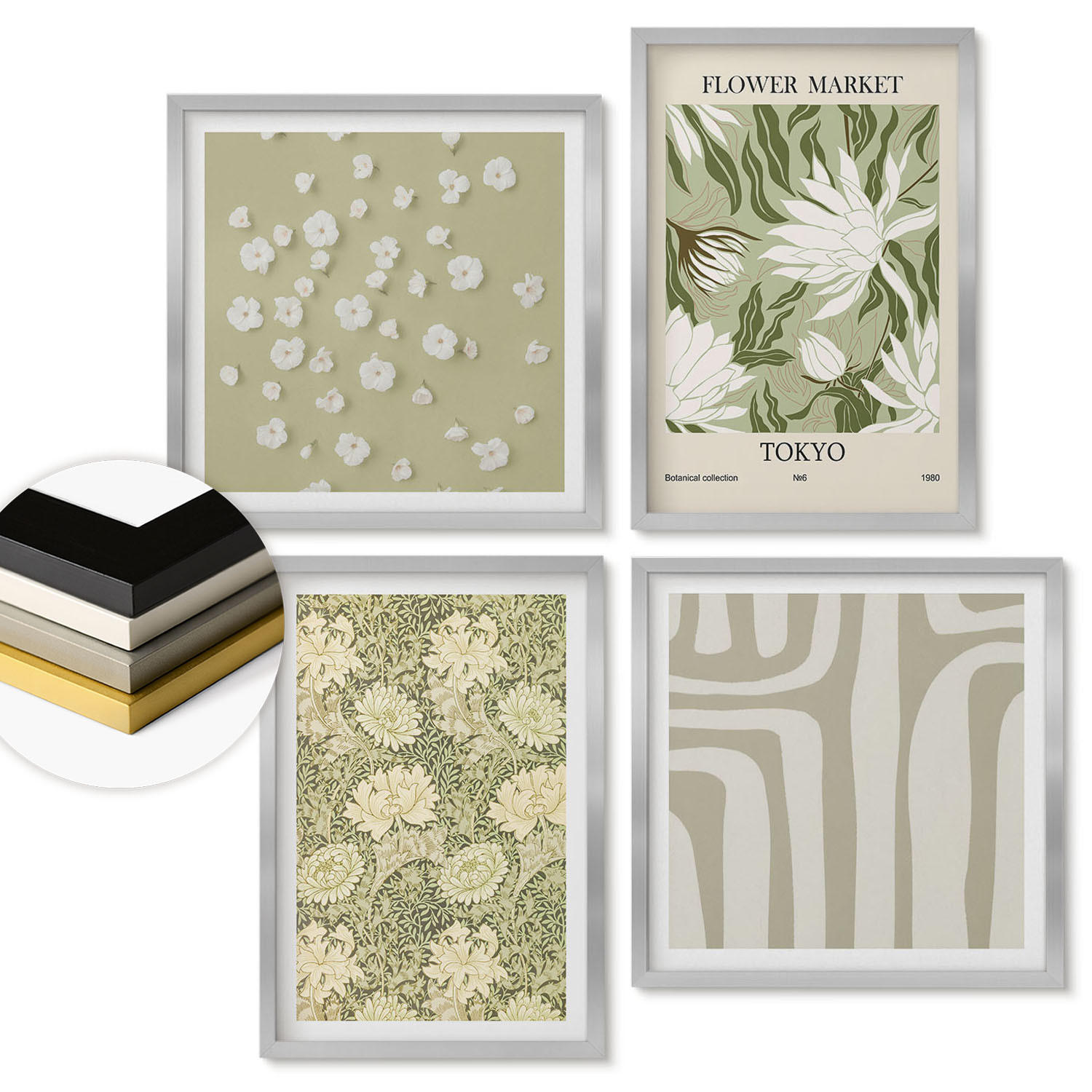 WANDBILDER 4er Set - 50x50 cm & 40x60 cm Silberner Rahmen - Boho-Pflanzenkompositionen in Pastellfarben - Silberfarben, Kunststoff (50/50cm) - ArtPrintCave