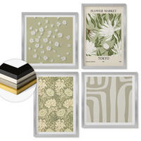 WANDBILDER 4er Set - 50x50 cm & 40x60 cm Silberner Rahmen - Boho-Pflanzenkompositionen in Pastellfarben - Silberfarben, Kunststoff (50/50cm) - ArtPrintCave