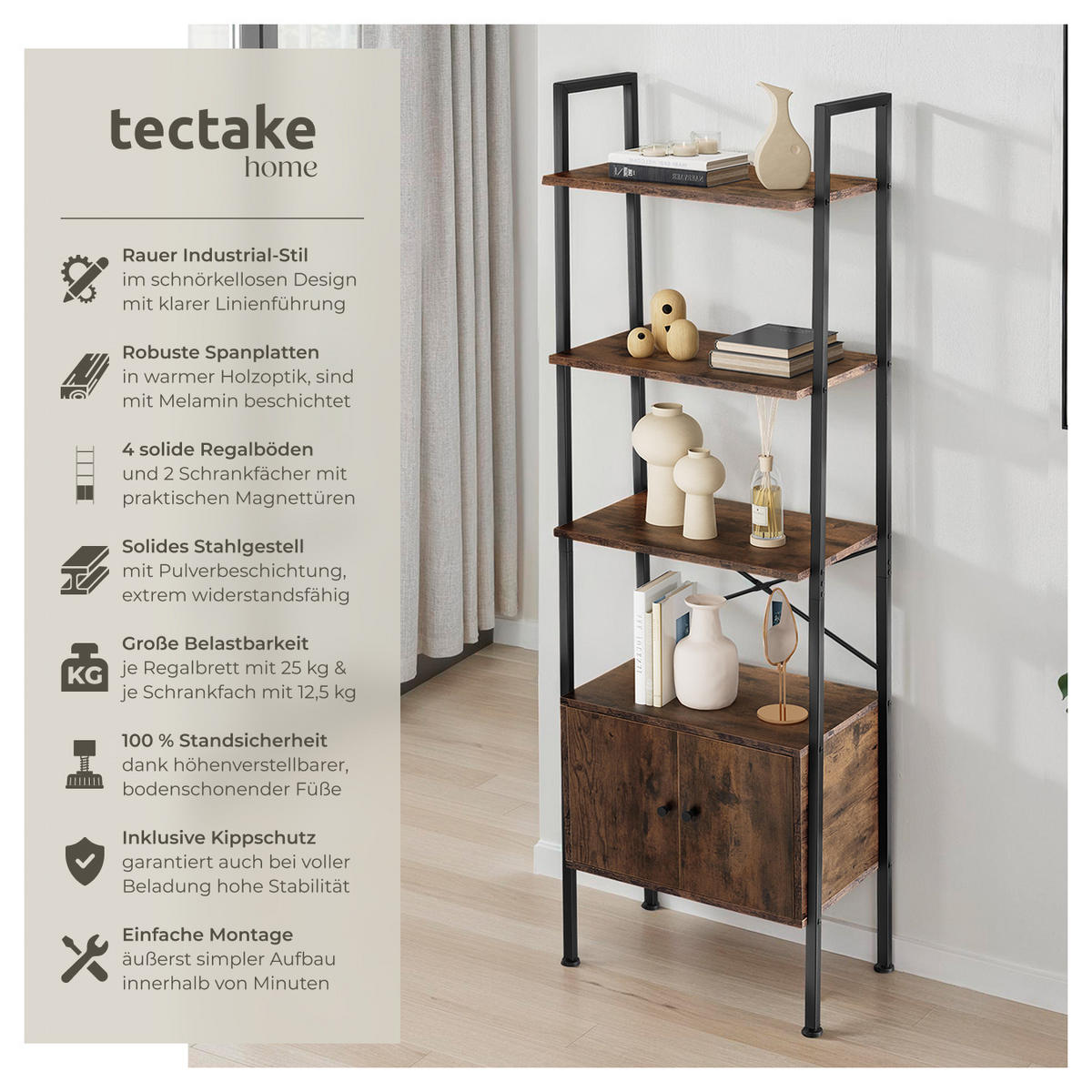 LEITERREGAL Brentwood,inklusive Kippschutz, 57,5 x 34 x 173 cm,Industrial Holz dunkel, rustikal - Rostfarben, Holzwerkstoff (34/173/57.5cm) - tectake