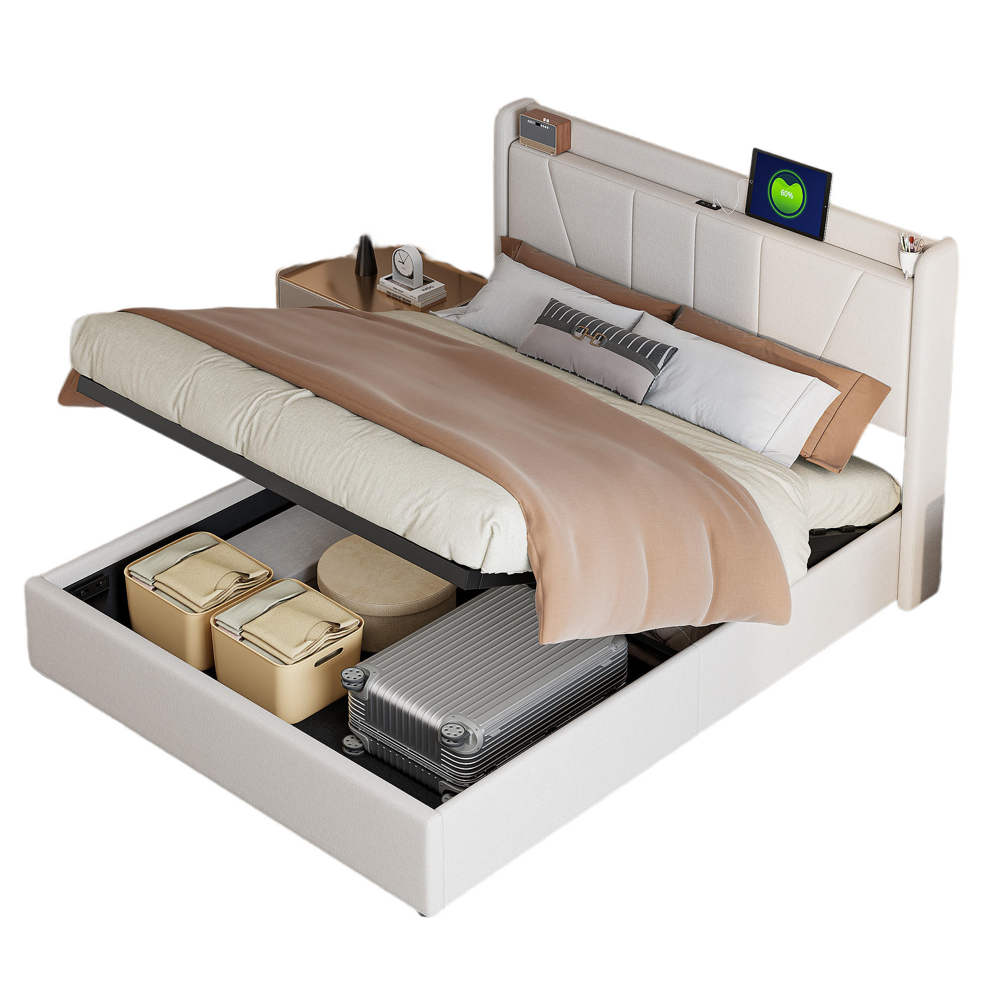 POLSTERBETT 140x200 cm mit USB Typ-C Anschluss, Stauraum und Lattenrost Beige - Beige, Holzwerkstoff (140/200cm) - Novahome