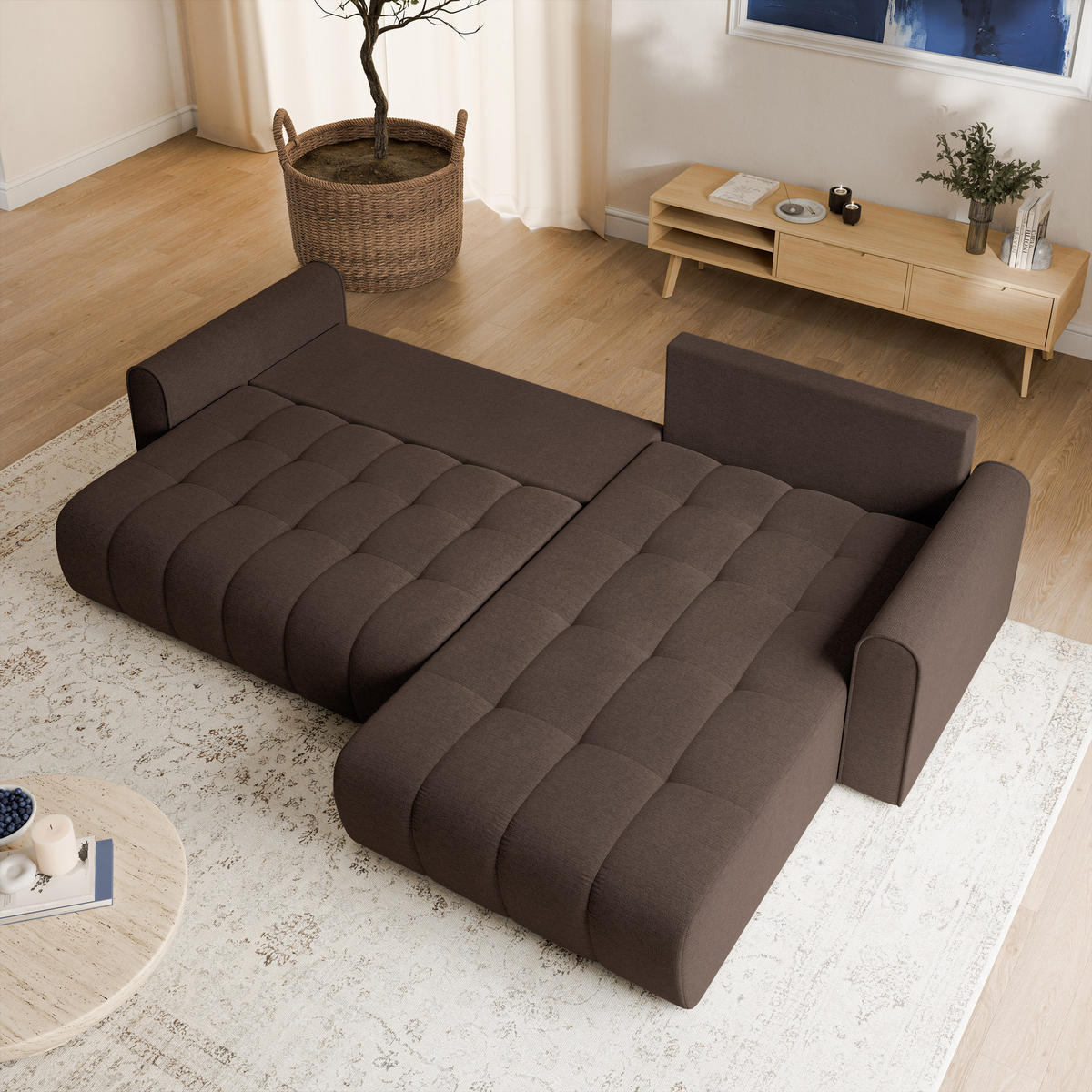 ECKSOFA FRIGA Braun Strukturstoff mit Schlaffunktion - Braun, Holz (283/185cm) - MASSENO