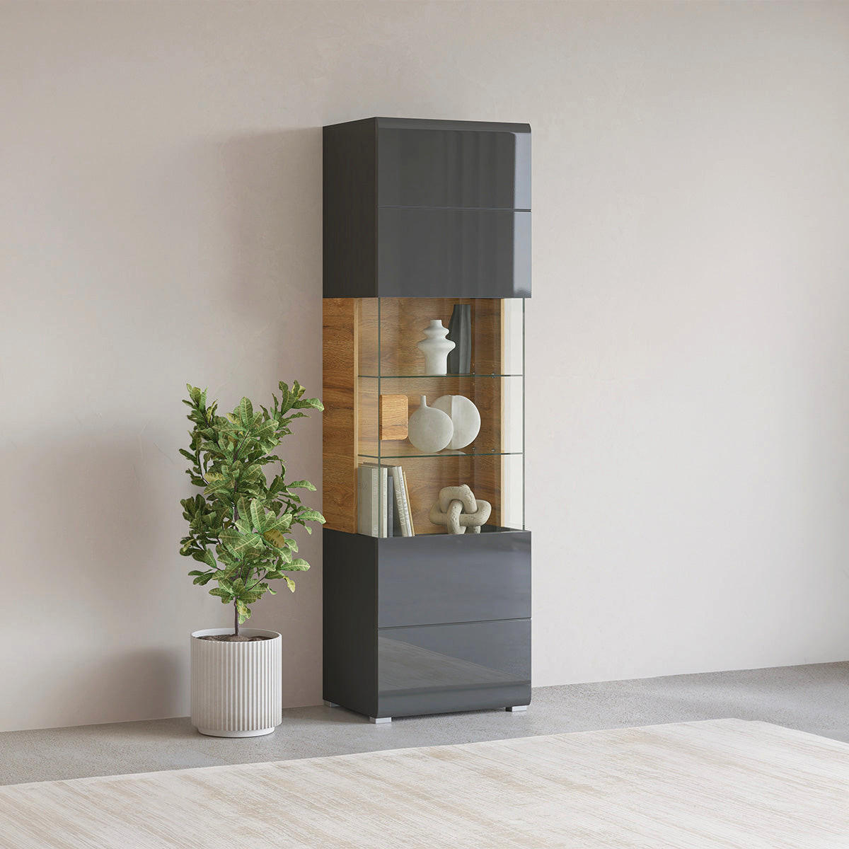 VITRINE Jules Grau und Holz - Grau, Holzwerkstoff (61/204/39cm) - Petits-meubles