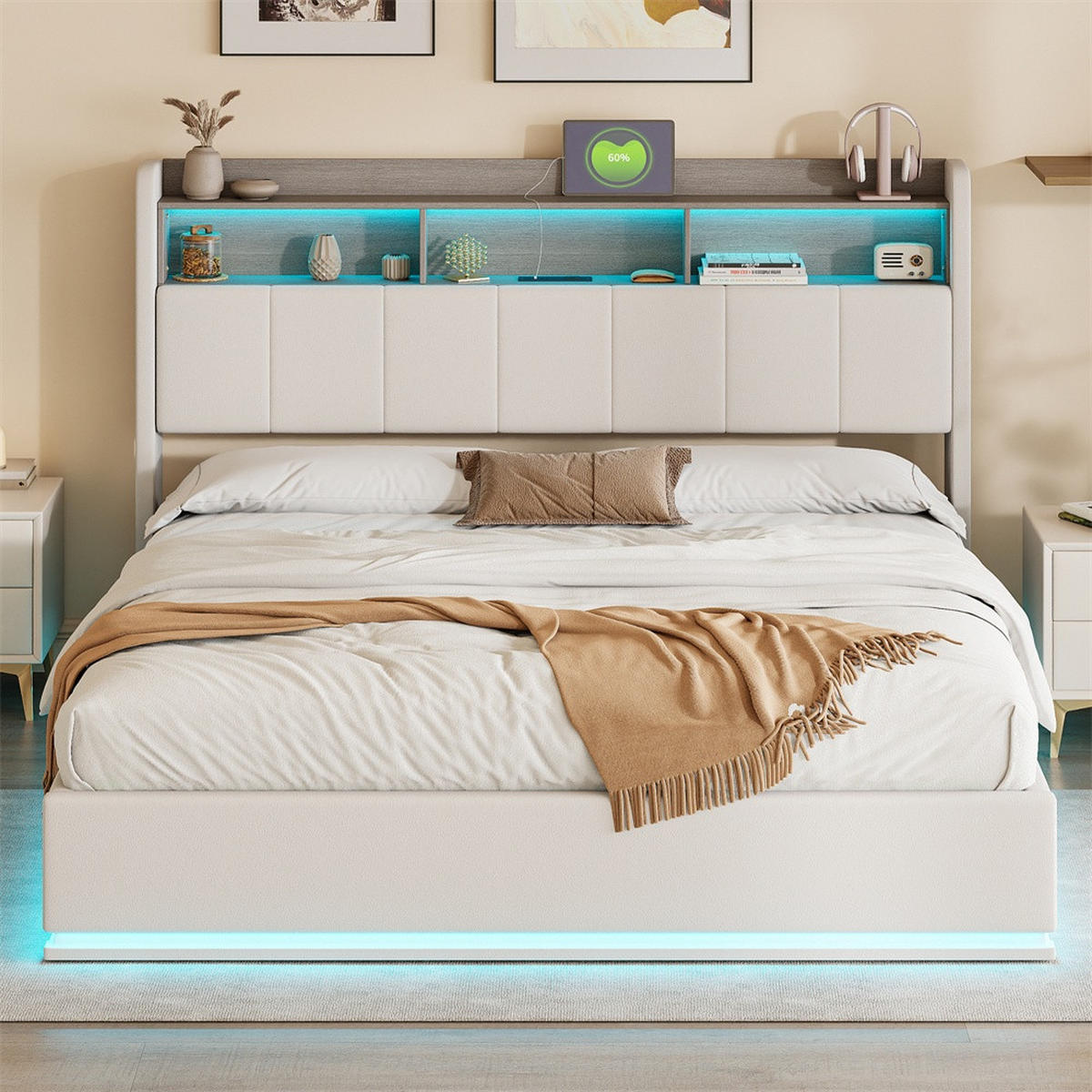 POLSTERBETT 160x200cm - Doppelbett mit RGB-LED-Beleuchtung am Kopfteil und Unterboden Stauraum-Kopfteil - Beige - Beige, Textil (160/200cm) - DELFA