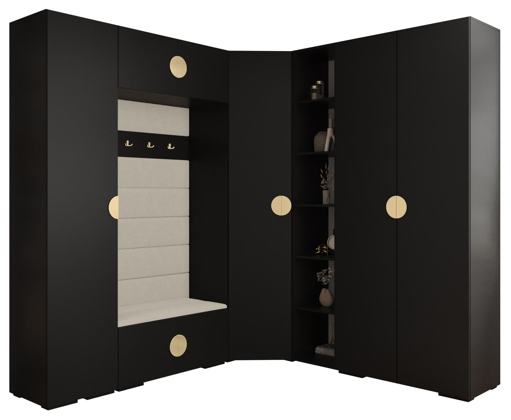 Abiks Möbel Garderoben-Set Schwarz, Beige, Gold 231.7x236.7x47 cm