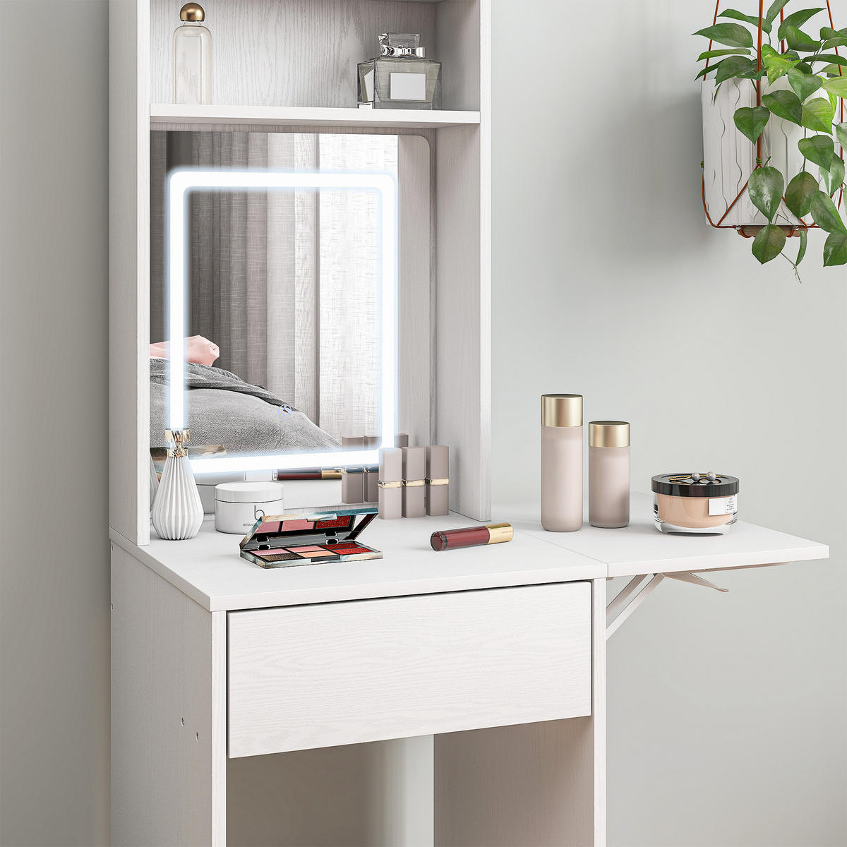 SCHMINKTISCH DE-10669 klappbar mit LED-Spiegel & Schublade Weiß - Weiß, Holzwerkstoff (45/152/45cm) - ComfortXL