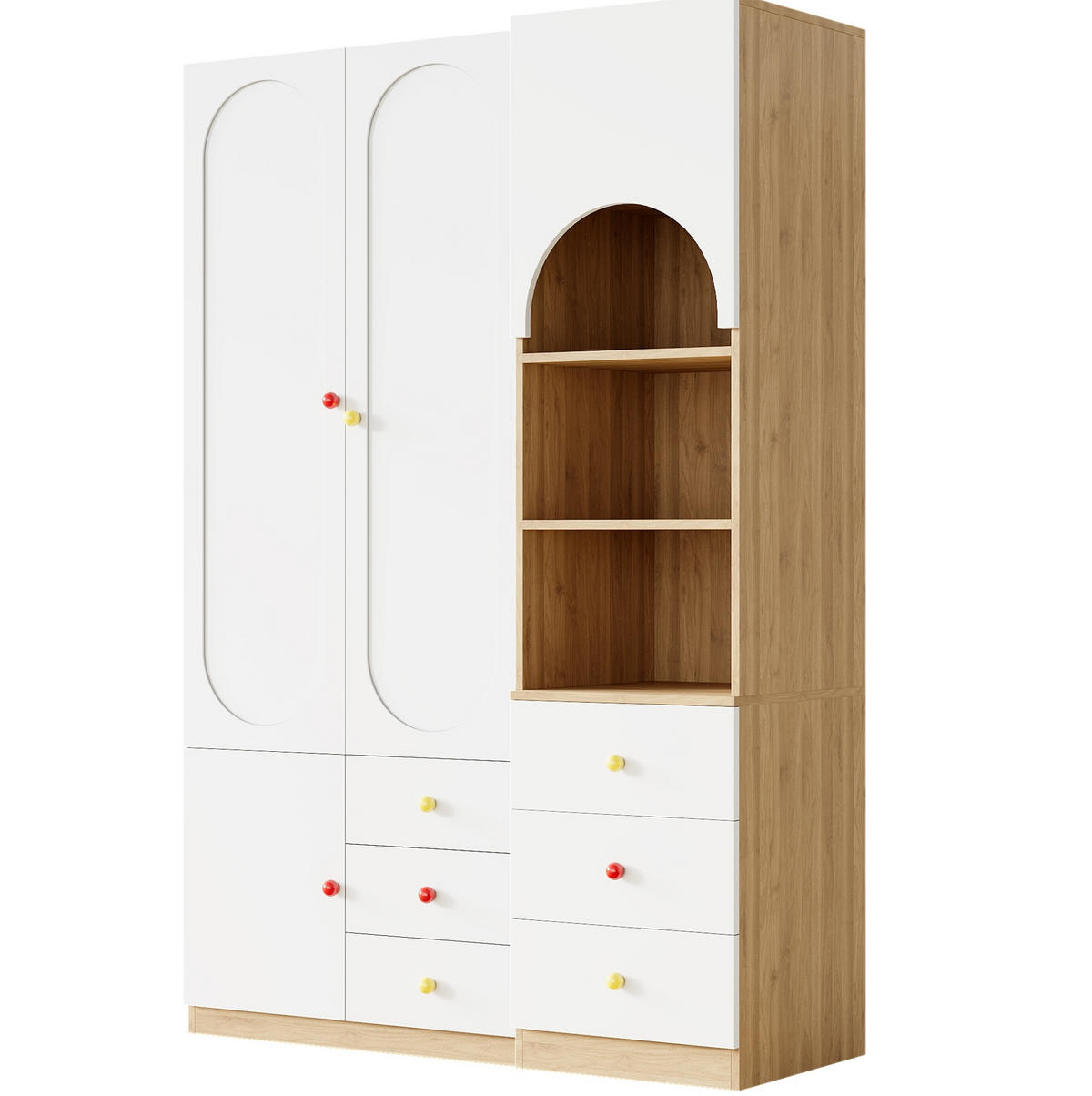 KLEIDERSCHRANK-SET aus MDF 80x45x200 cm und 50x50x200 cm Weiß/Natur mit Schubladen, Regal und Anti-Kipp-Schutz - Weiß, Holzwerkstoff (130/200/50cm) - Modfu