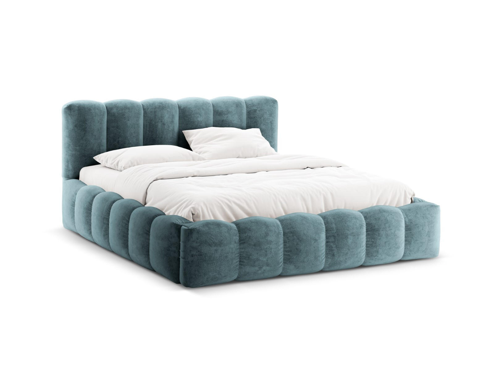 BETT mit Bettkasten und Kopfteil Lupine aus Chenille-Stoff blue jeans 160x200cm - Blau, Textil (160/200cm) - Micadoni