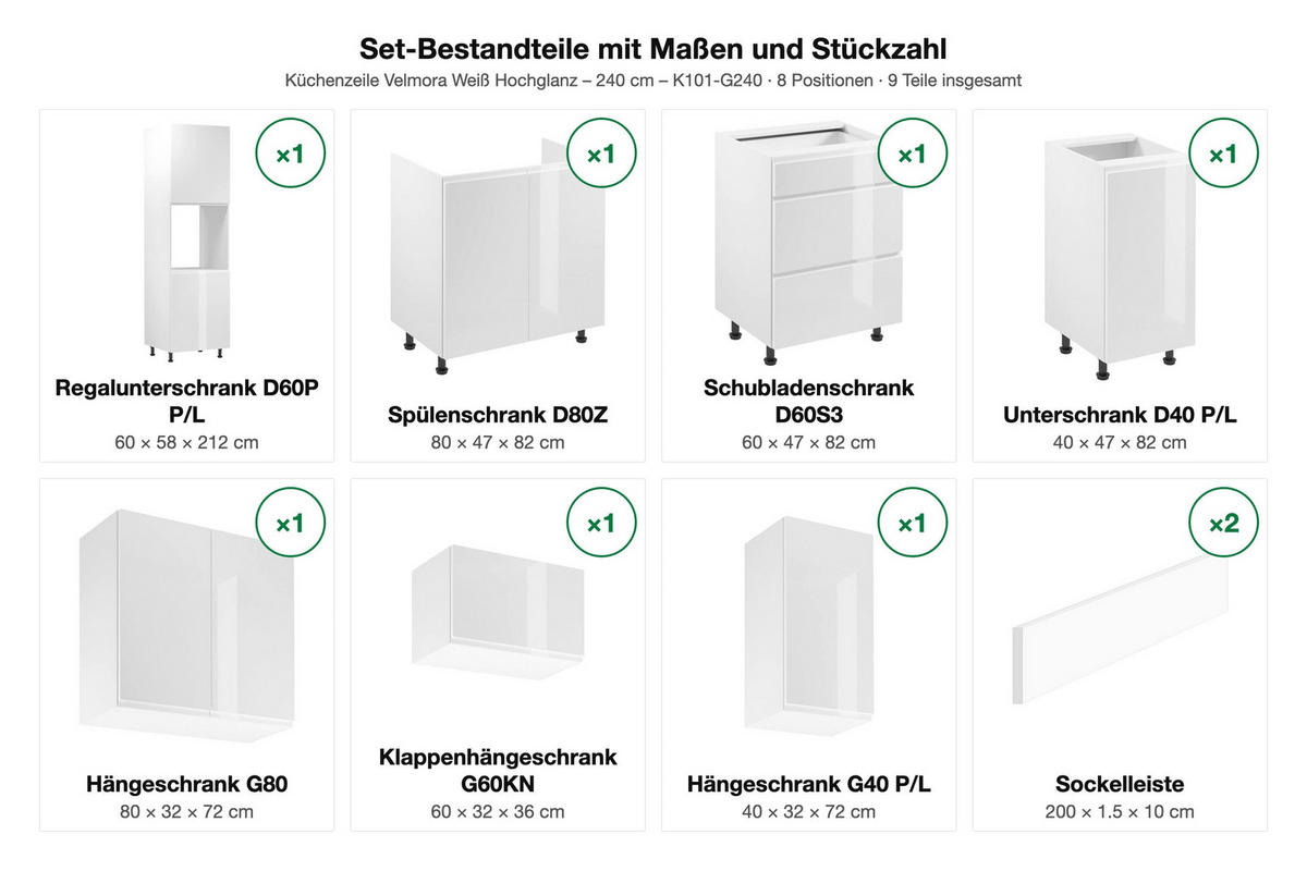 KÜCHENZEILE – 240 cm – K101-G240 – Velmora – Weiß – ohne E-Geräte - Schwarz/Weiß, Holz/Metall (240/212/58cm) - ROYAL24_MARKT