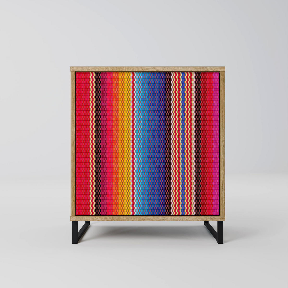 SIDEBOARD ETHNIC MEXICAN, Eichefarben, 57,5x42x67,5 cm, Schwarze Metall-Rahmenfüße - Eichefarben/Multicolor, Holzwerkstoff/Metall (57.5/67.5/42cm) - SpaceRebels
