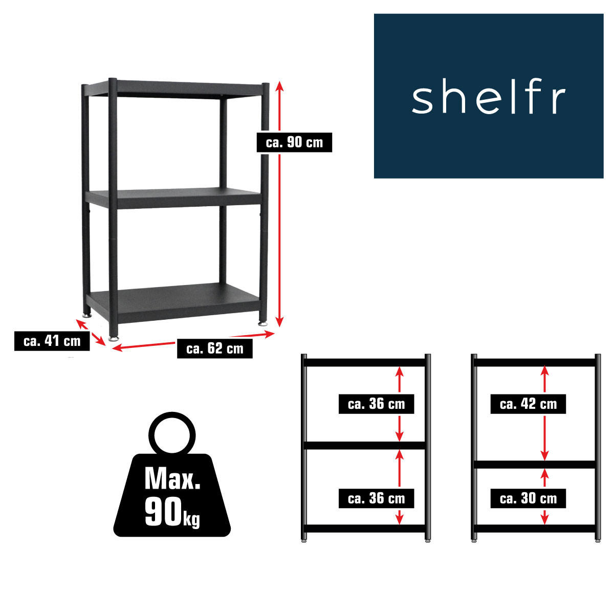 METALLREGAL 61x41x90 cm mit 3 Ebenen - Schwarz, Metall (41/90/61cm) - shelfr