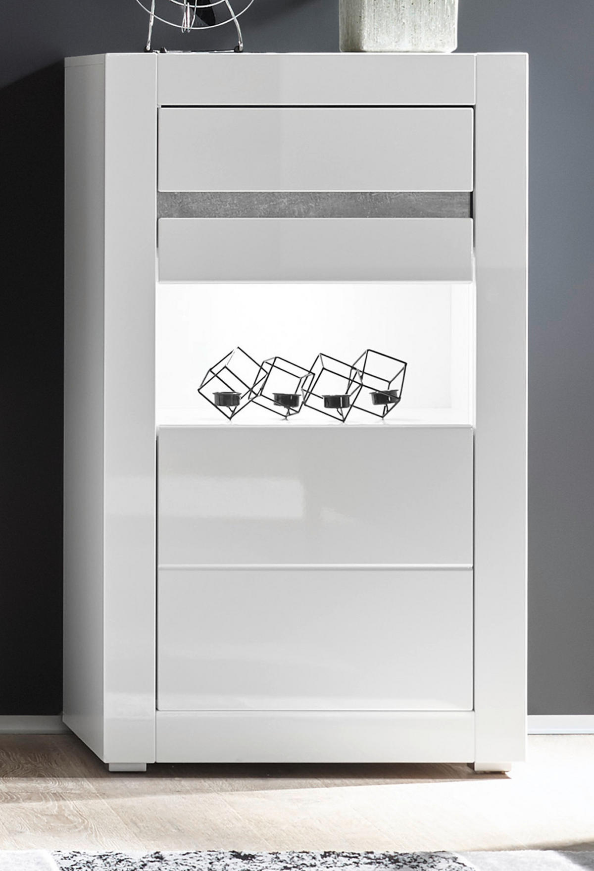 VITRINE Hochglanz weiß, mit weiß oder grau, Kommode 66 x 112 cm Soft-Close-Funktion - Weiß Hochglanz/Weiß, Glas/Holzwerkstoff (66/112/35cm) - Furn.Design