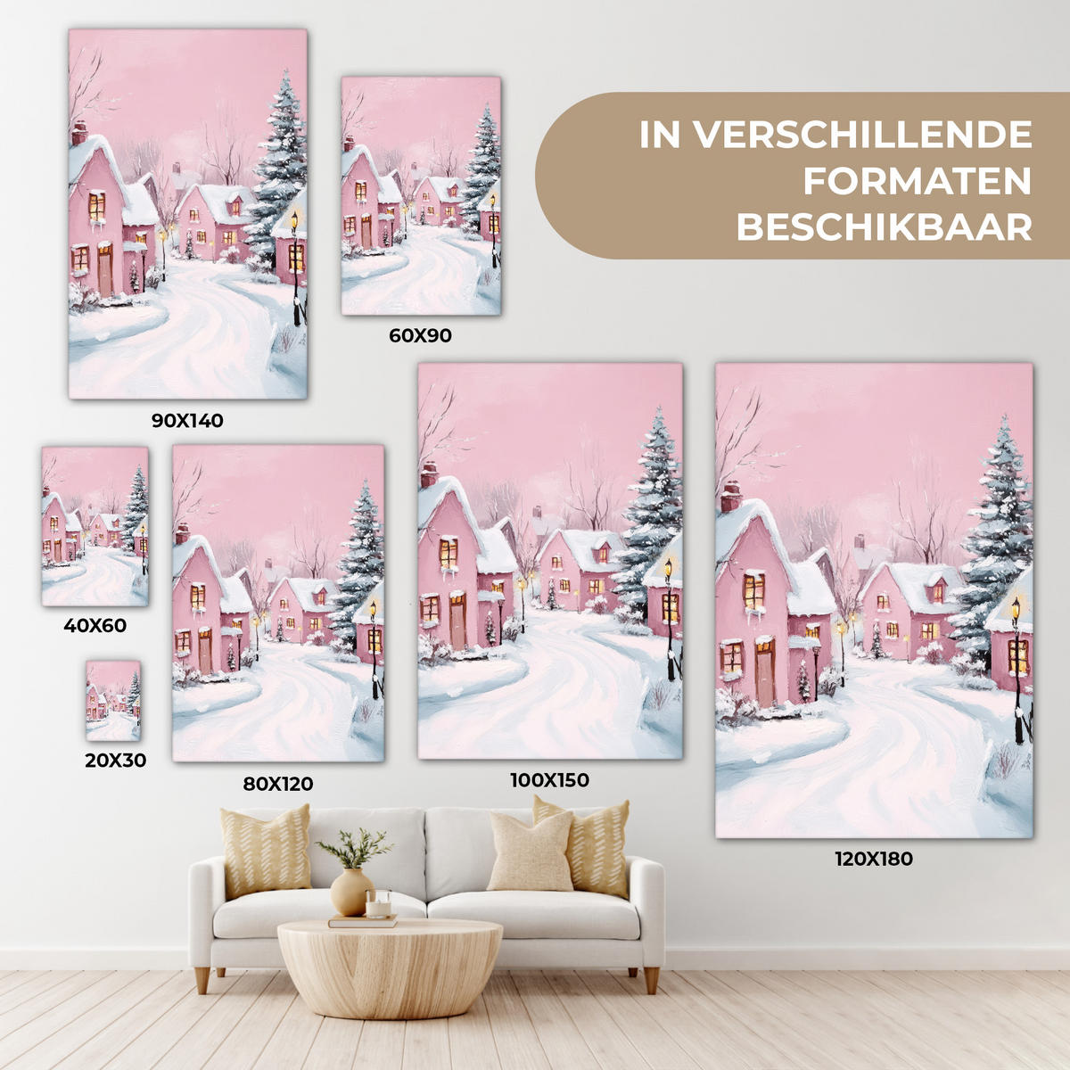 LEINWANDBILD Weihnachtsdorf - Rosa - Winter - Schnee - Häuser Wanddeko Schlafzimmer 60x90 cm - Altrosa, Textil (60/90cm) - MuchoWow