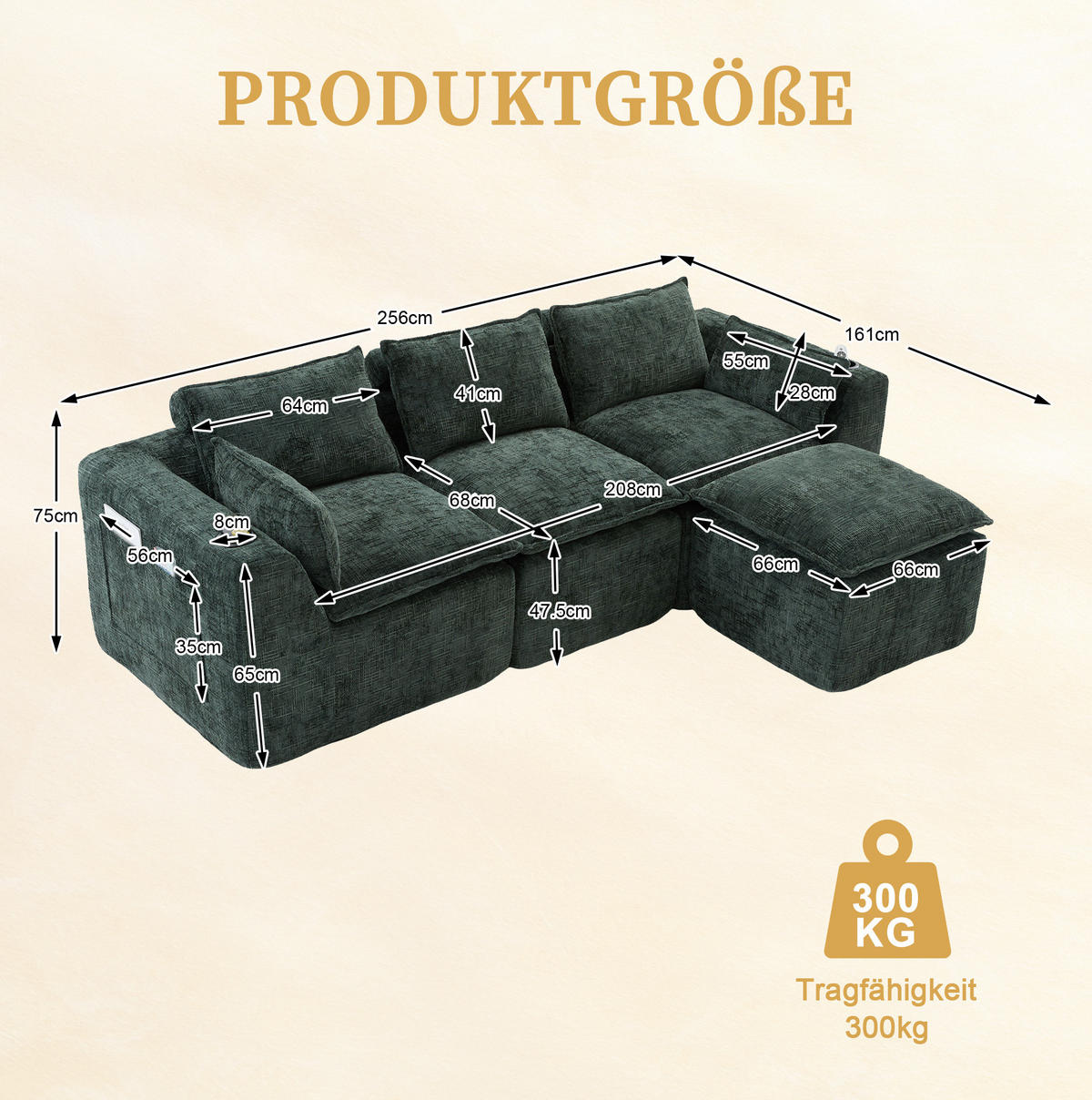 ECKSOFA 256/161/75 cm grün aus Chenille mit Seitentaschen - Grün, Textil (161/256cm) - OKWISH