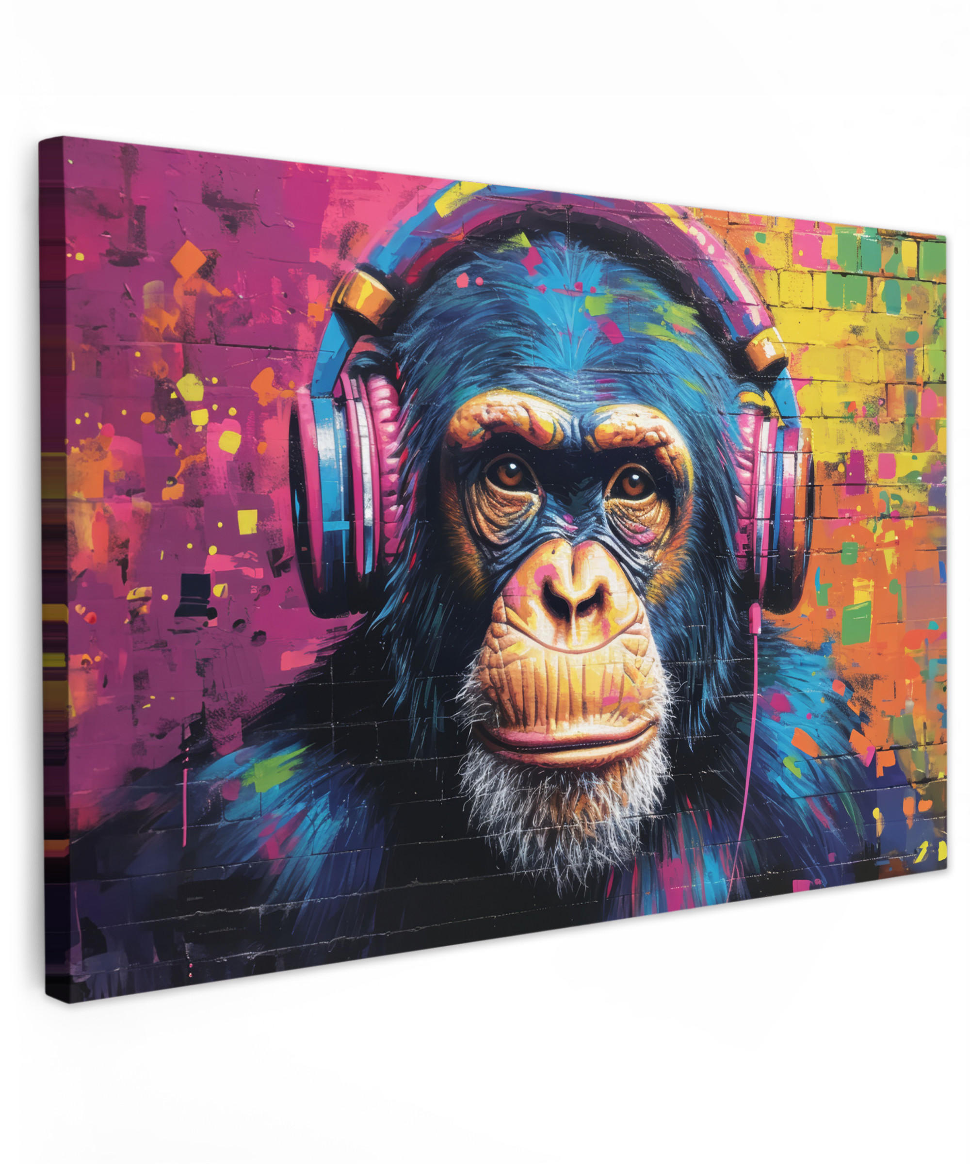 LEINWANDBILD Graffiti - Schimpanse - Straßenkunst - Kopfhörer - Affe 90x60 cm - Blau, Textil (90/60cm) - MuchoWow