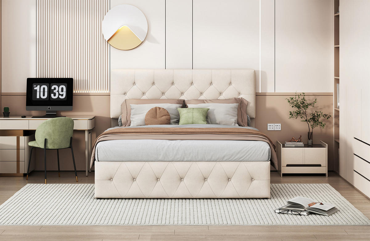 POLSTERBETT 140x200 cm mit Bettkasten und Hydraulik, Doppelbett mit Lattenrost und Kopfteil, Bett 140x200, Samtstoff, Beige - Beige, Textil/Metall (140/200cm) - GENKI LIVING