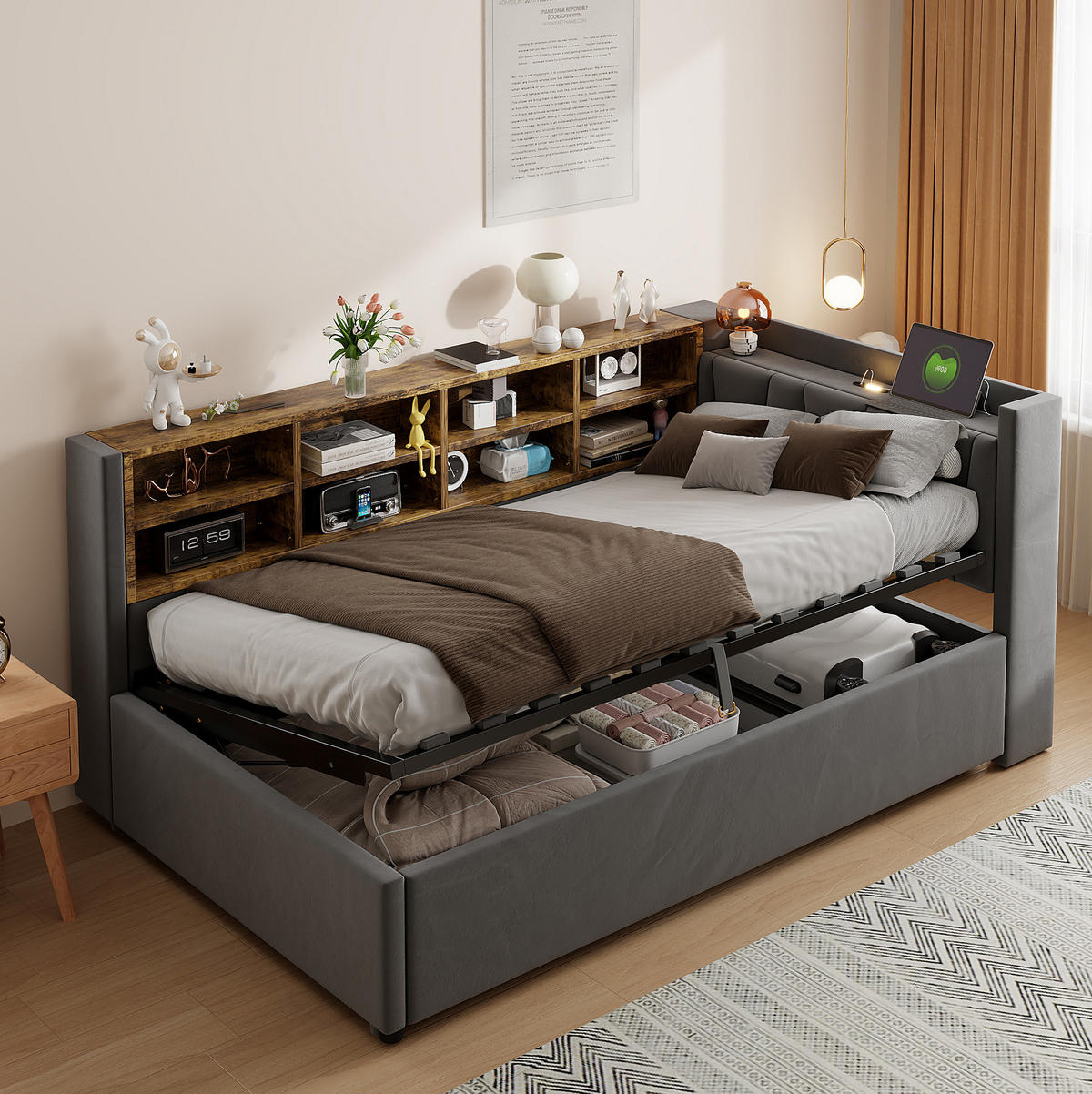 POLSTERBETT aus Samt 90x200 cm Dunkelgrau mit Nachtlicht, USB- und Type-C-Anschluss, Bettkasten und Ablagen - Dunkelgrau, Textil (90/200cm) - Modfu