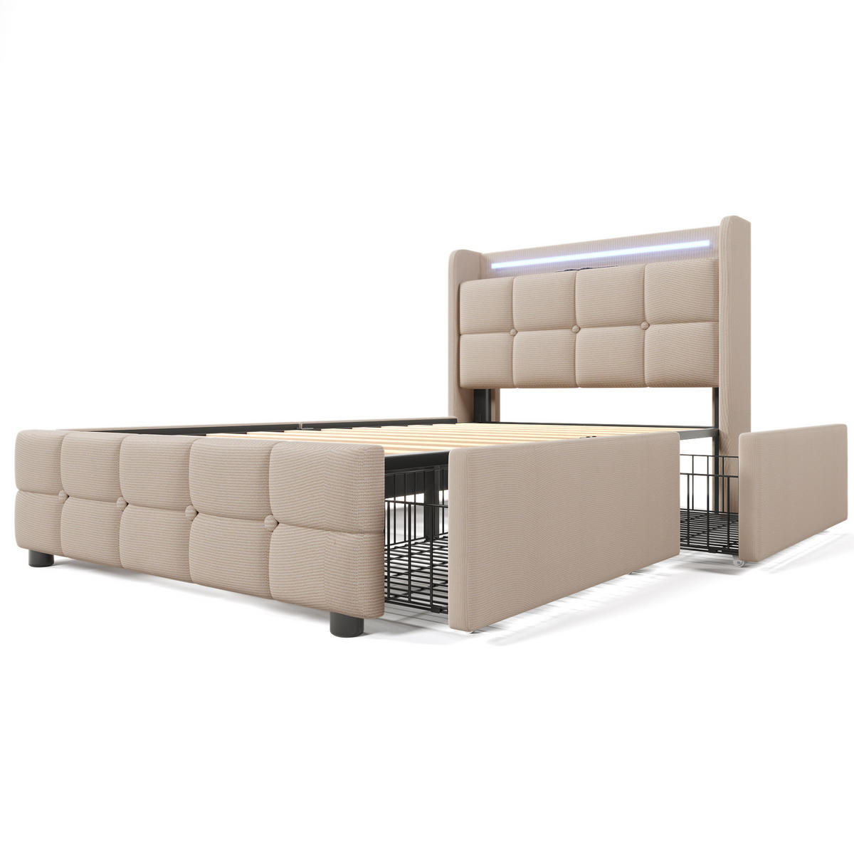 POLSTERBETT 90/200 cm mit Leinenbezug, LED-Beleuchtung, USB/Steckdosen, 2 Schubladen und Matratze, Beige - Beige, Holz (90/90cm) - Redom