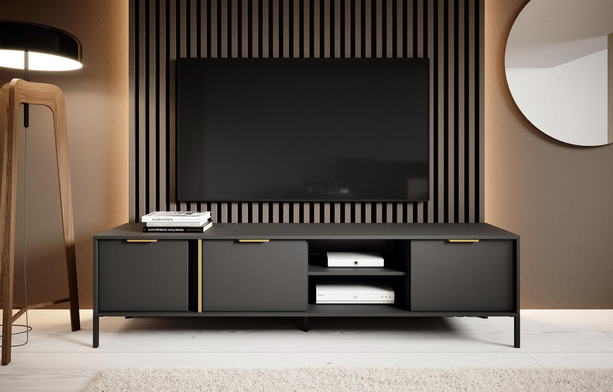 TV-LOWBOARD Valdi F 203 cm Anthrazit / Gold - mit 3 Türen und offener Nische - Anthrazit/Gelb, Holz/Holzwerkstoff (203/53/39cm) - Ravio
