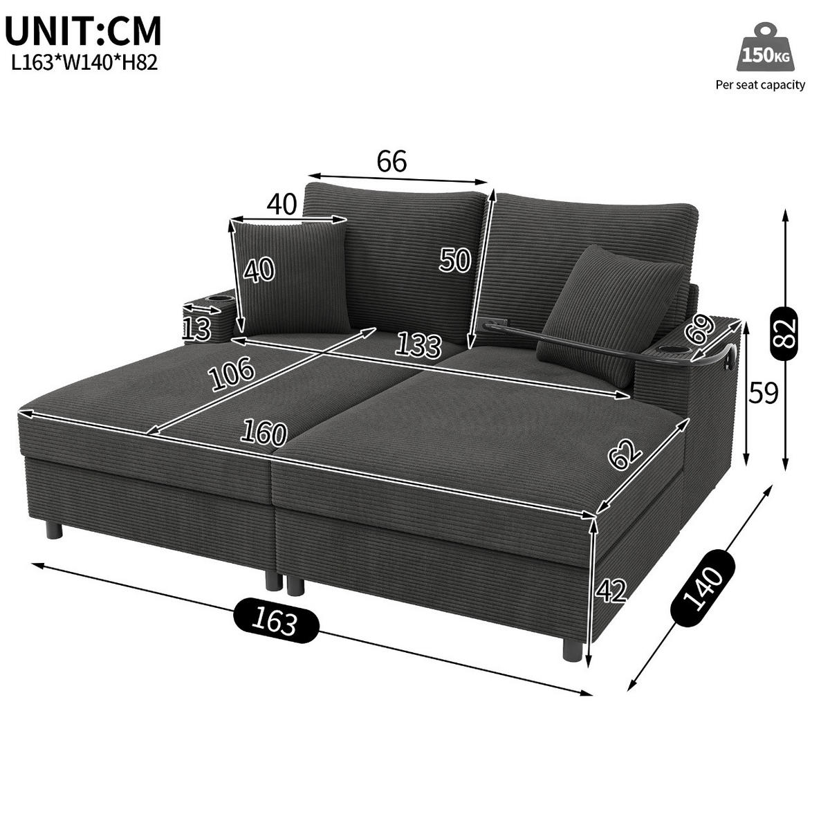 SOFA 2-Sitzer mit USB und Handyhalterung 163 x 140 cm Cord Grau - Grau, Textil (140/82/163cm) - Meubliv