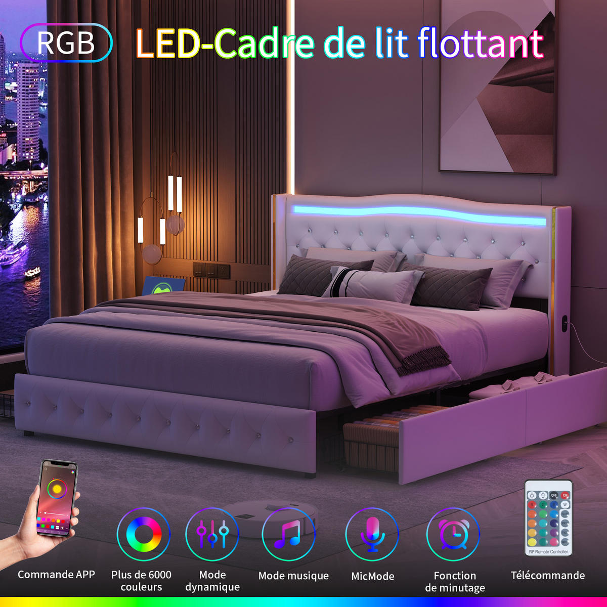 POLSTERBETT 140x200 cm, Weiß, LED-Beleuchtung und USB-Anschlüsse - Weiß, Textil/Metall (140/200cm)