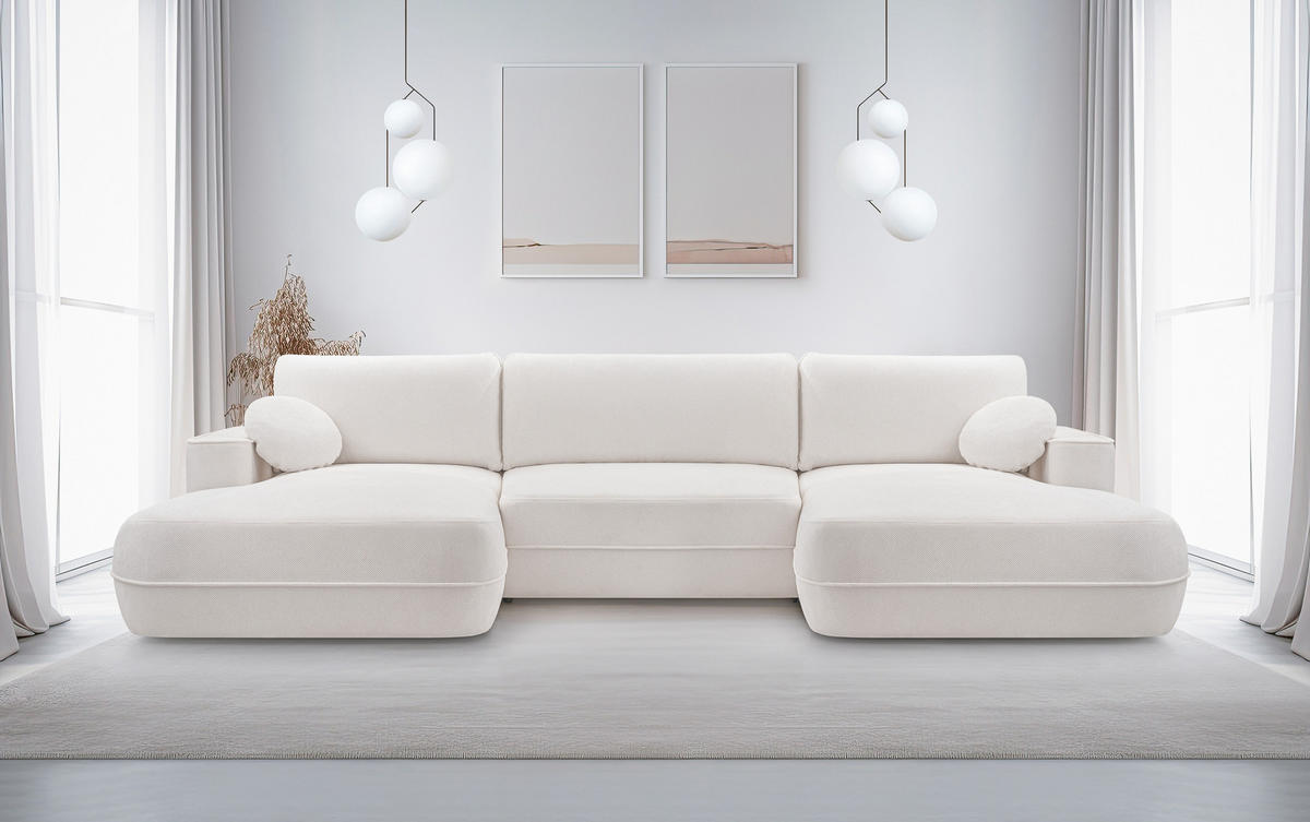 WOHNLANDSCHAFT Peoni Weiß 364/168/87 cm mit Schlaffunktion - Creme/Schwarz, Kunststoff/Textil (364/87/168cm) - AX Living