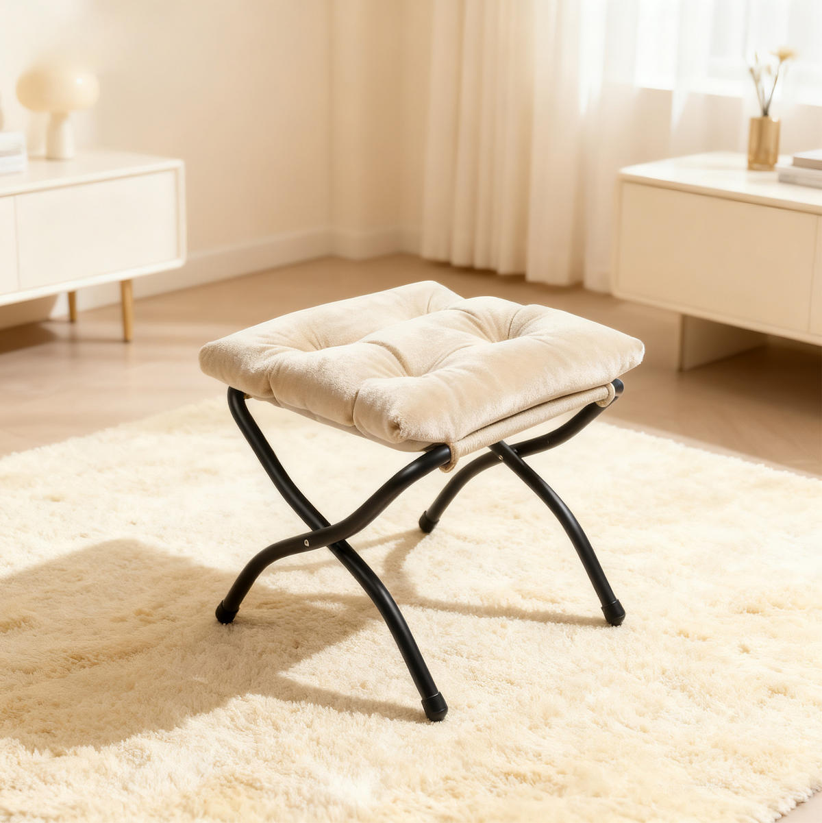 SESSEL mit Hocker in Beige mit Seitentasche und gepolsterten Armlehnen,72/80/93 cm - Beige, Metall (72/93/80cm) - BEAOK