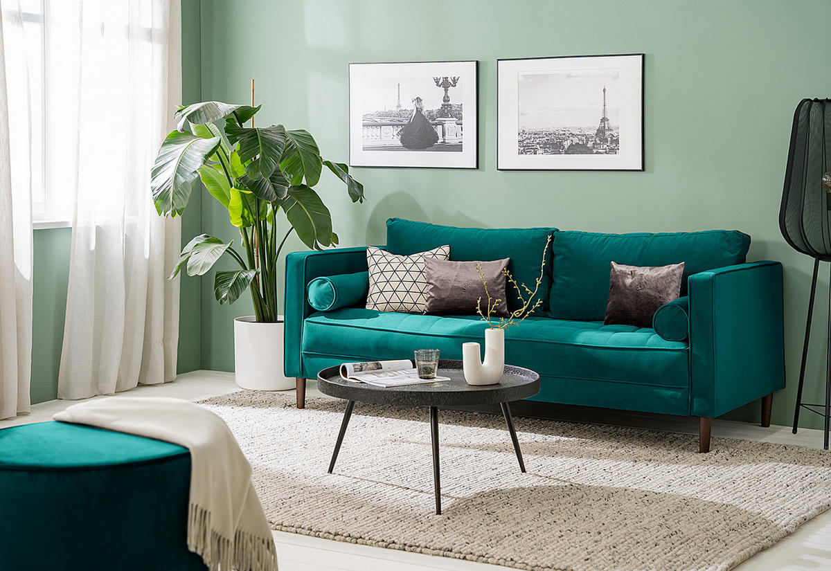 3-SITZER SOFA - Samt - Petrol, Textil (191/80/86cm) - home24