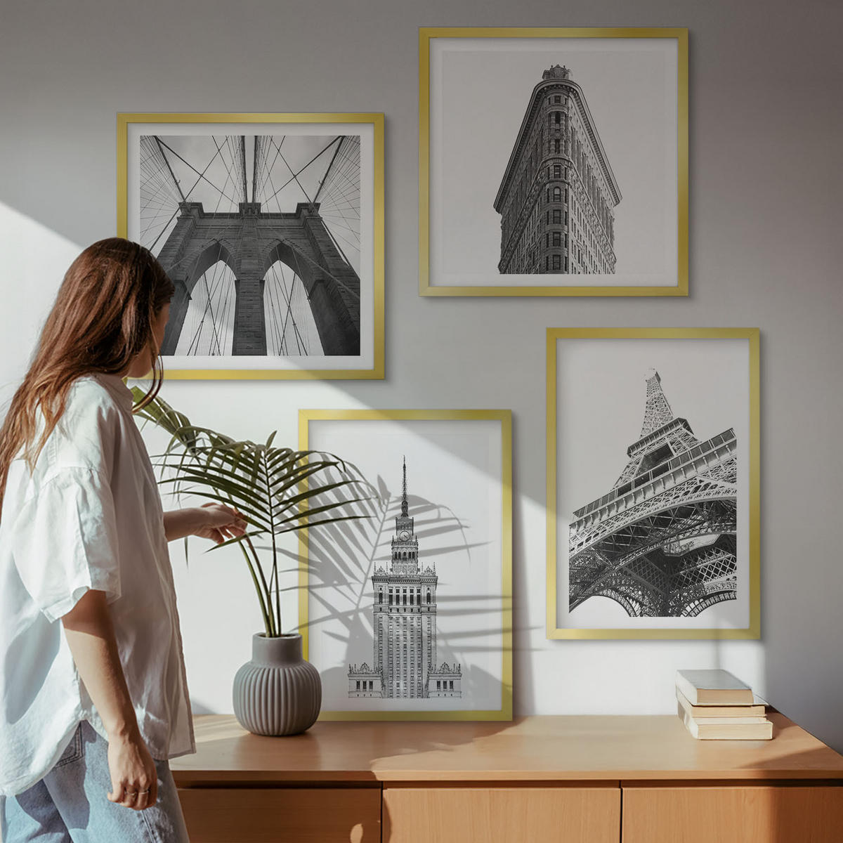 WANDBILDER 4er Set - 50x50 cm & 40x60 cm Goldrahmen - Architektur Schwarz-Weiß-Minimalismus - Goldfarben, Kunststoff (50/50cm) - ArtPrintCave