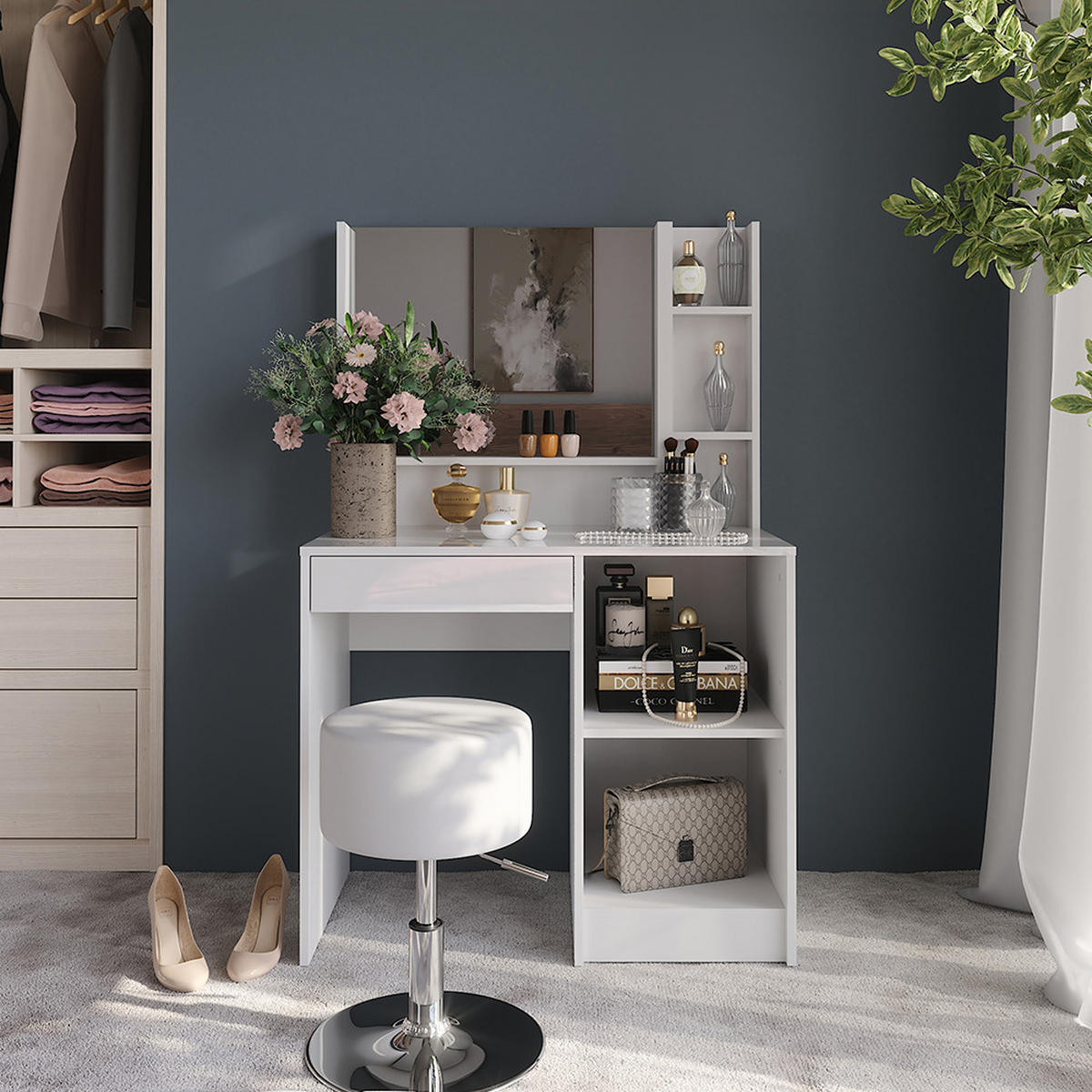 SCHMINKTISCH Sherry Weiß/Weiß Hochglanz 89.8 cm 4 Teile - Weiß Hochglanz, Holzwerkstoff (89.8/76/50.1cm) - Vicco