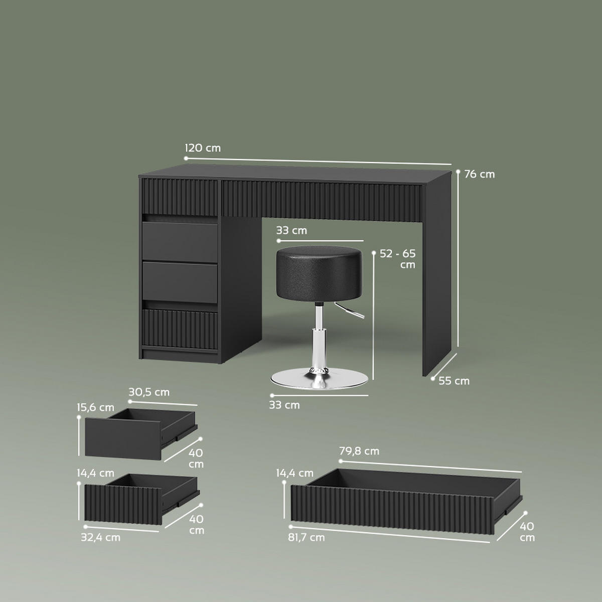 SCHMINKTISCH Allia Schwarz 120 cm mit Hocker - Schwarz, Holzwerkstoff (120/76/55cm) - Livinity®