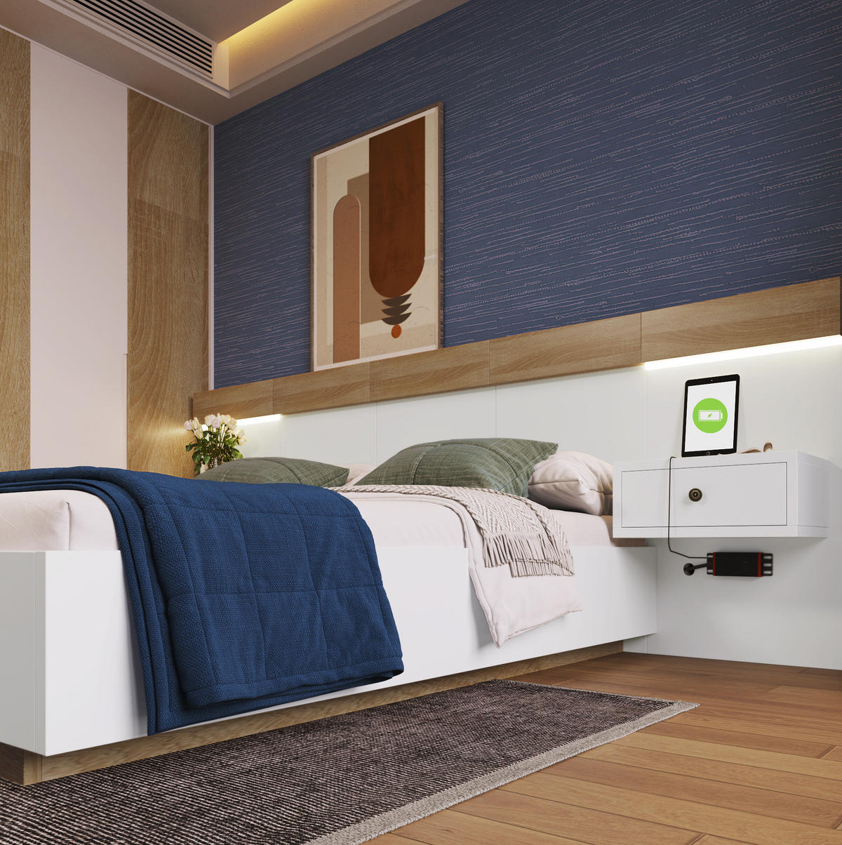 ČALÚNENÁ posteľ 180/200 cm z dreveného dekoru dub sonoma/biela s LED nočnými stolíkmi a USB-C - biela, kompozitné drevo (180/200cm) - BEAOK