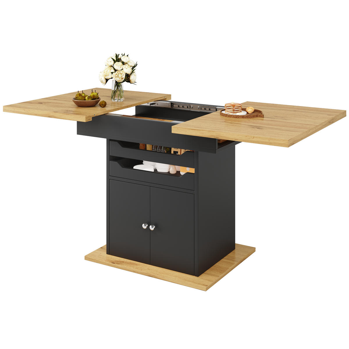 ESSTISCH ausziehbar 110-140/80/76 cm mit Stauraum DE-39599 Holzoptik - Schwarz, Holzwerkstoff (80/110/76cm) - ComfortXL