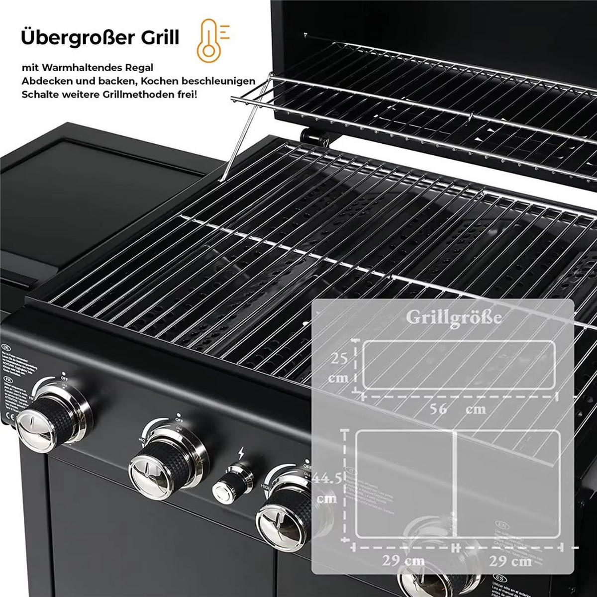 GASGRILL Grillwagen 4 Brenner mit Thermometer, Schwarz - Schwarz, Metall (133/76/42cm) - Kaket