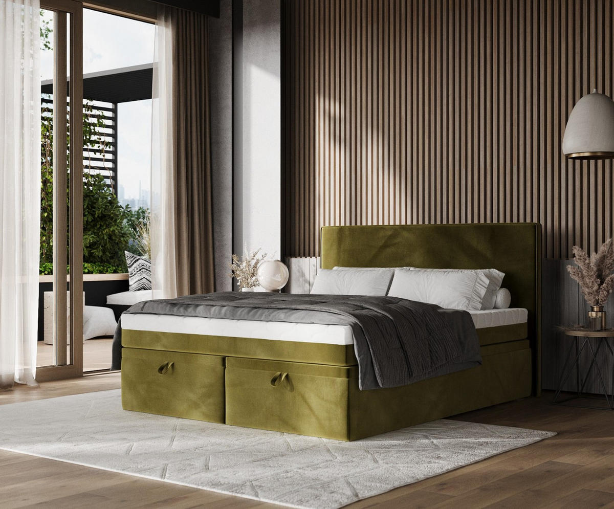 BOXBETT Zalla 140/200 cm Olivgrün im Kronos Stoff - Schwarz/Olivgrün, Holz/Holzwerkstoff (140/200cm) - AltaBeds