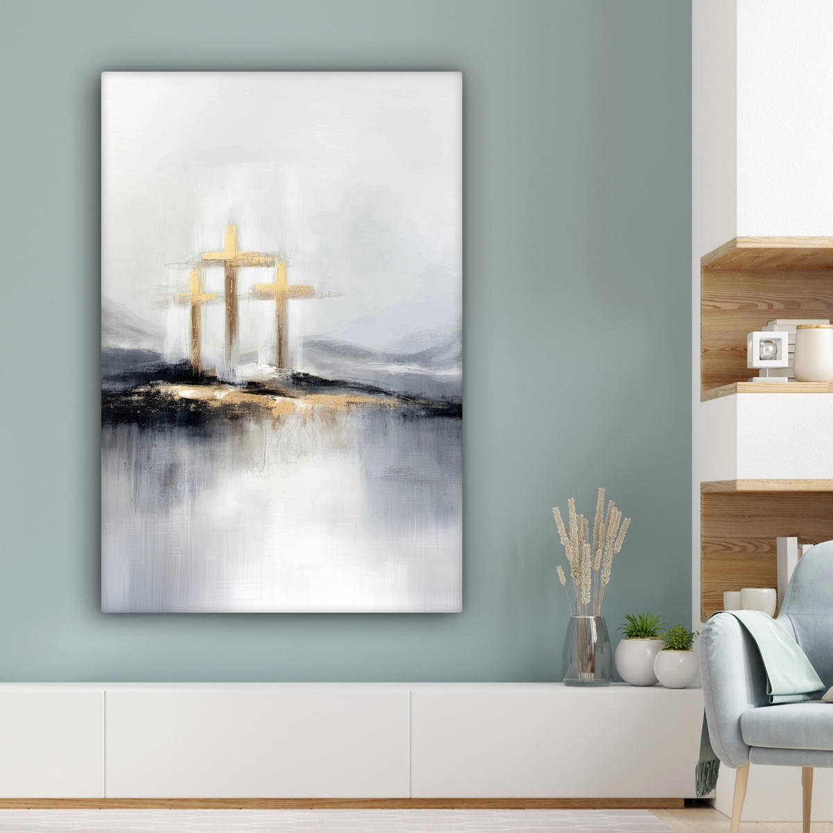 LEINWANDBILD Abstrakt - Malerei - Christentum - Kreuz Deko XXL 80x120 cm - Weiß, Textil (80/120cm) - MuchoWow