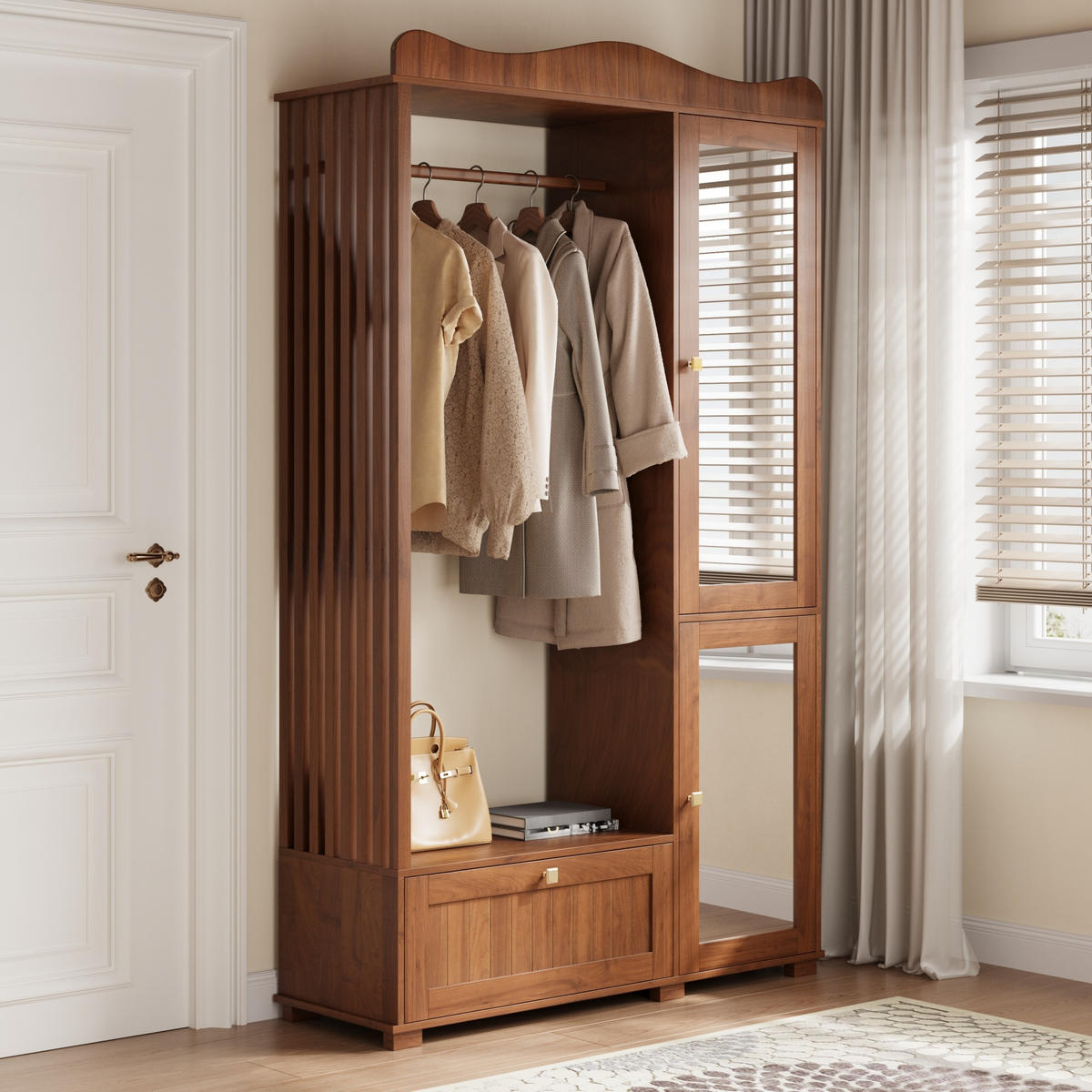 GARDEROBENSCHRANK Spiegel Kleiderstange Schublade - Nussbaumfarben, Holz (115.5/194.5/38.5cm) - LEBENLANG