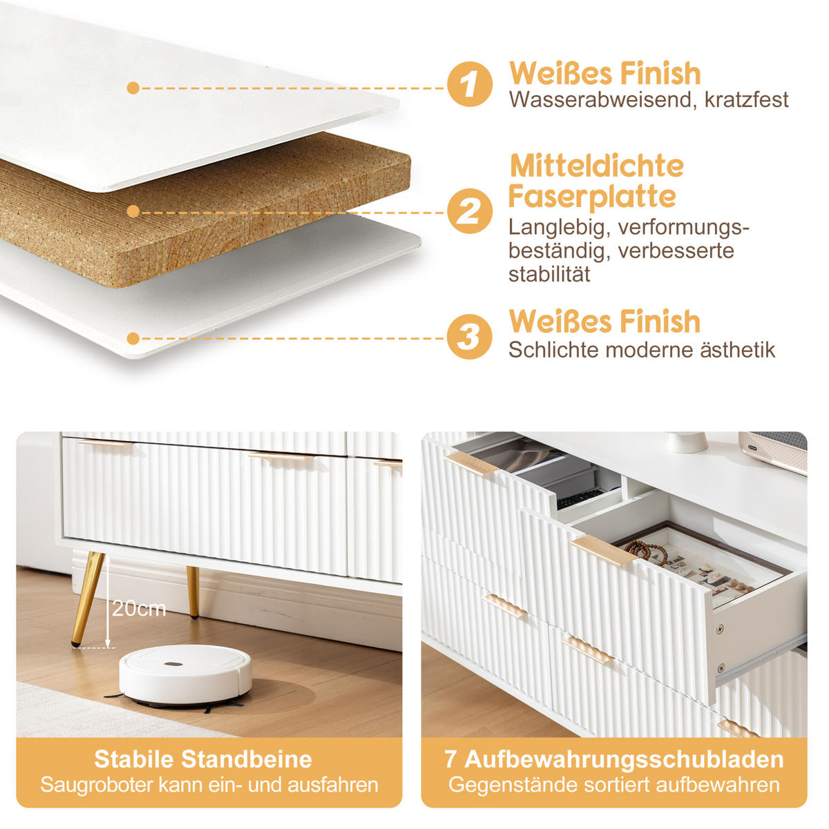 KOMMODE in Weiß 145x40x80 cm mit 7 Schubladen, Soft-Close-Funktion und Kippsicherung - Weiß, Holzwerkstoff (40/80/145cm) - IVMEU