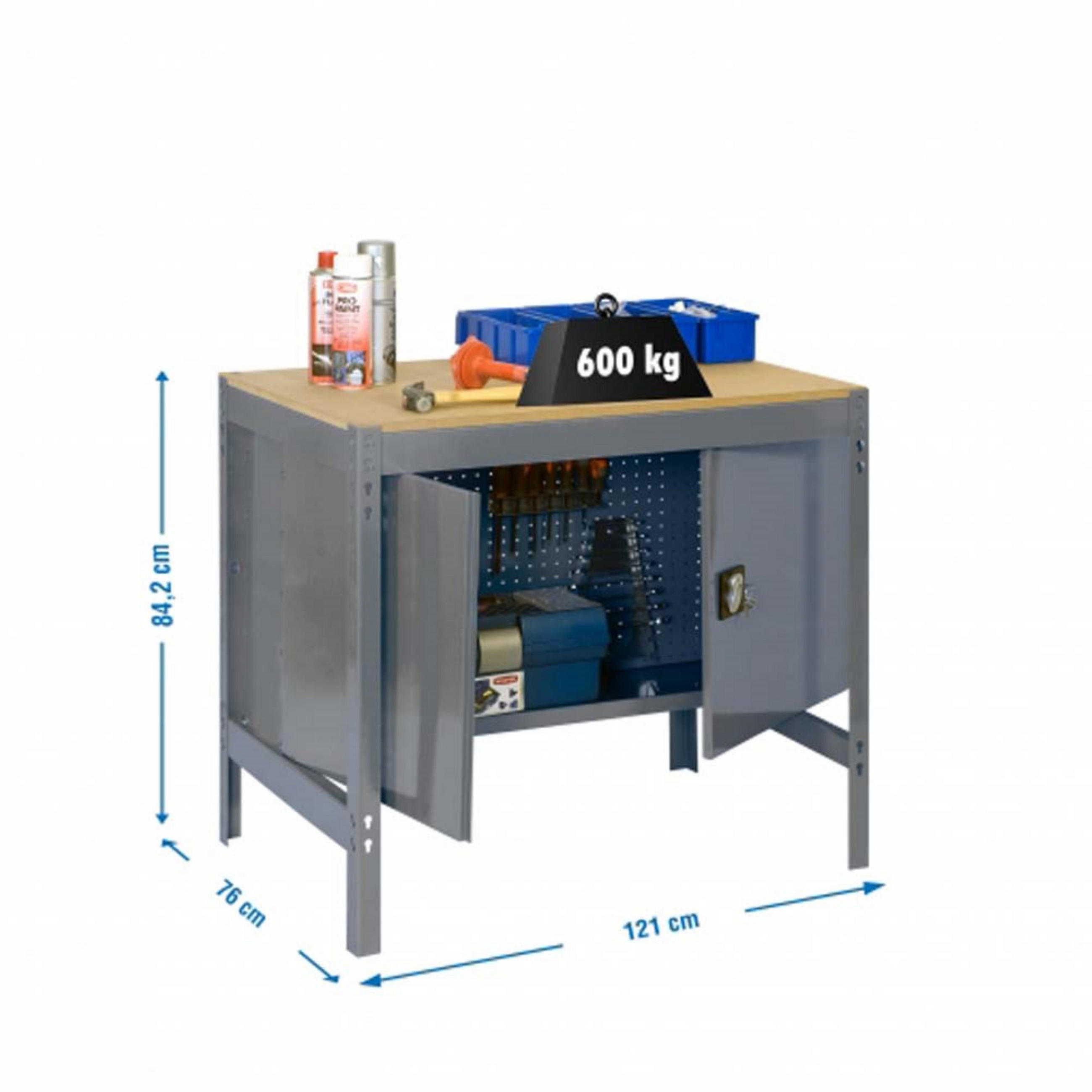 WERKBANK BUFFALO mit Schrank | HxBxT 84x120x76cm | Traglast 600kg | Grau - Grau, Metall (120/84/76cm) - PROREGAL