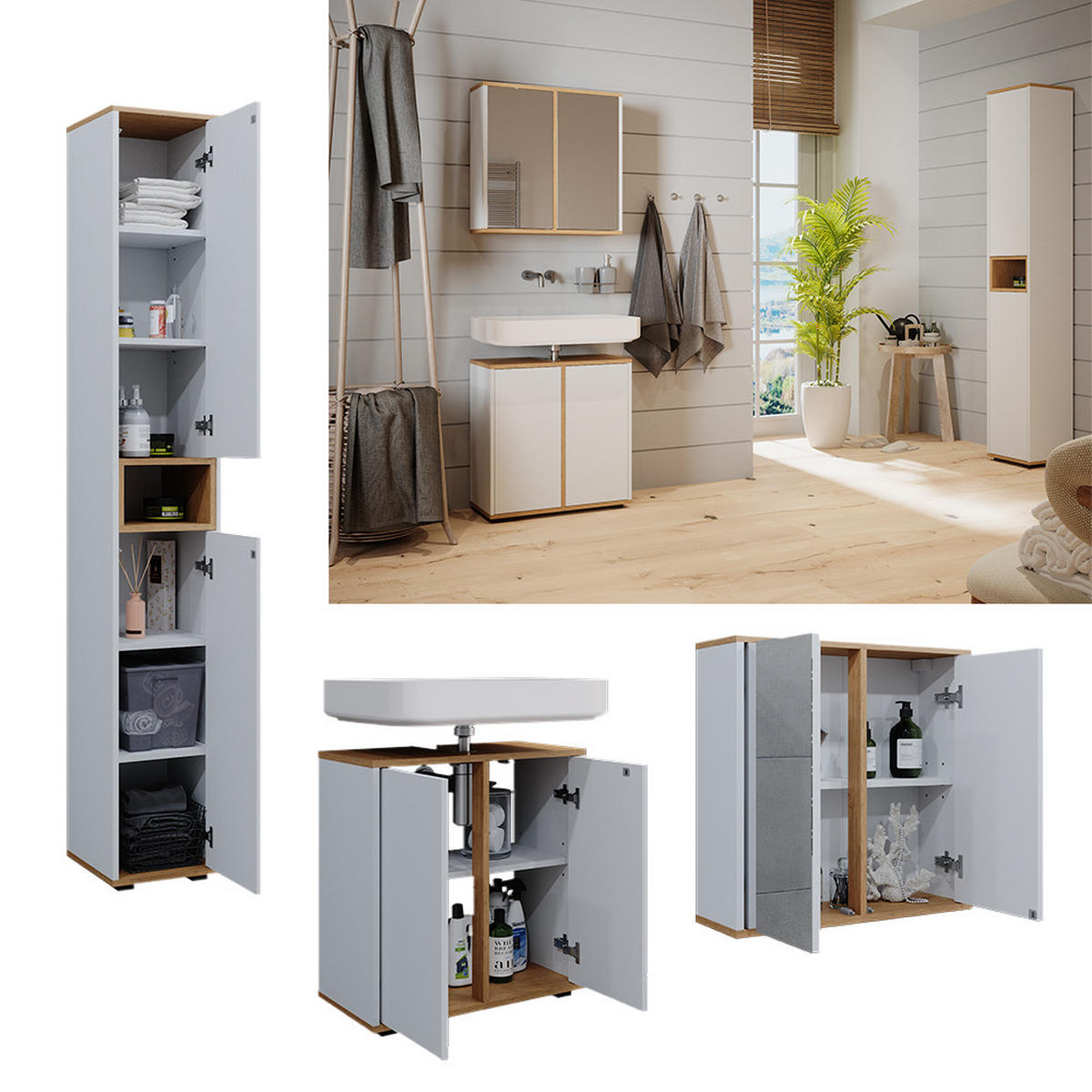 BADMÖBEL-SET Didi Weiß/Artisan 3 Teile mit Hochschrank - Weiß/Eiche Artisan, Holzwerkstoff (60/62/30cm) - Vicco