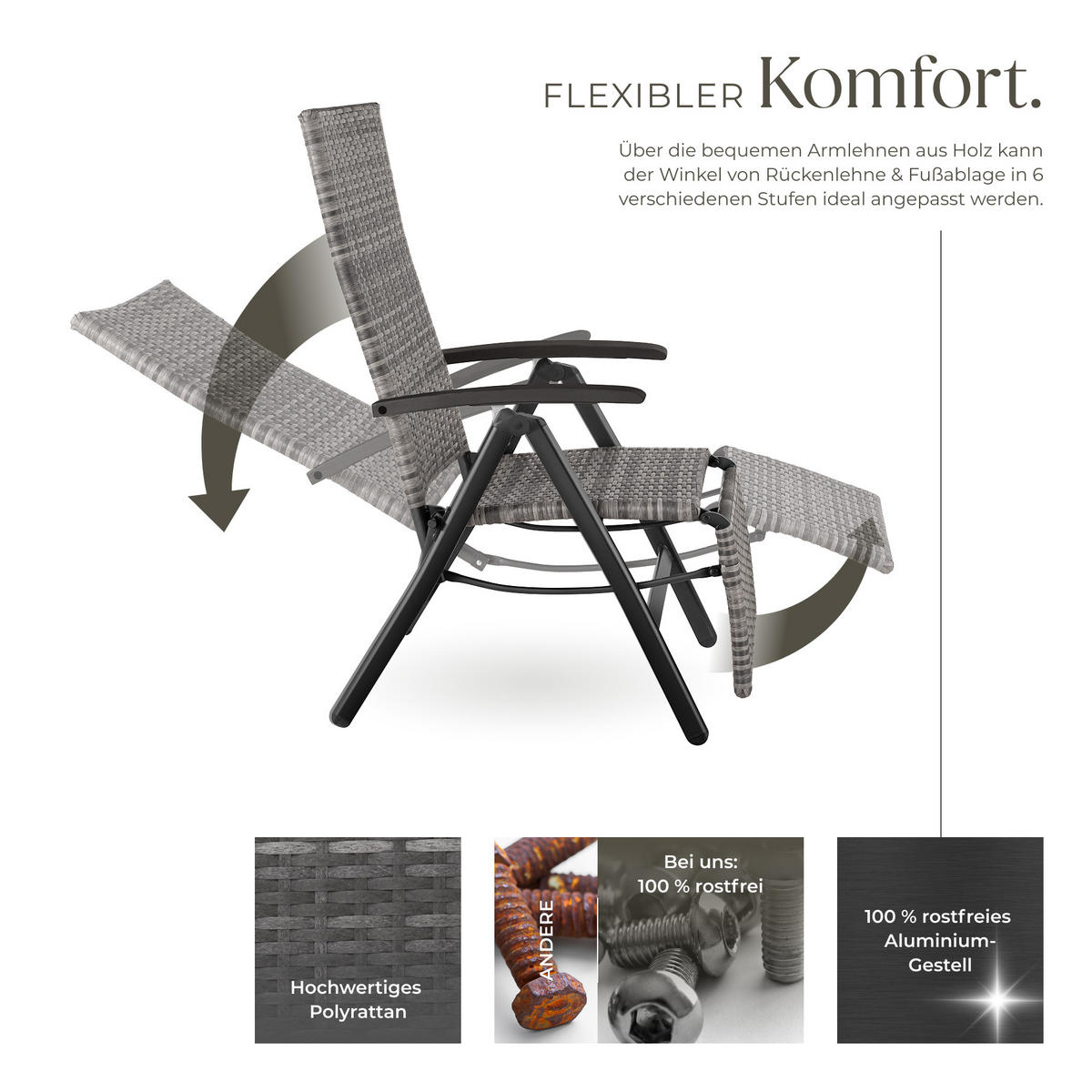 RATTANSTUHL Brisbane ,58 x 77 x 113 cm,grau - Grau, Kunststoff (58/113/77cm) - tectake